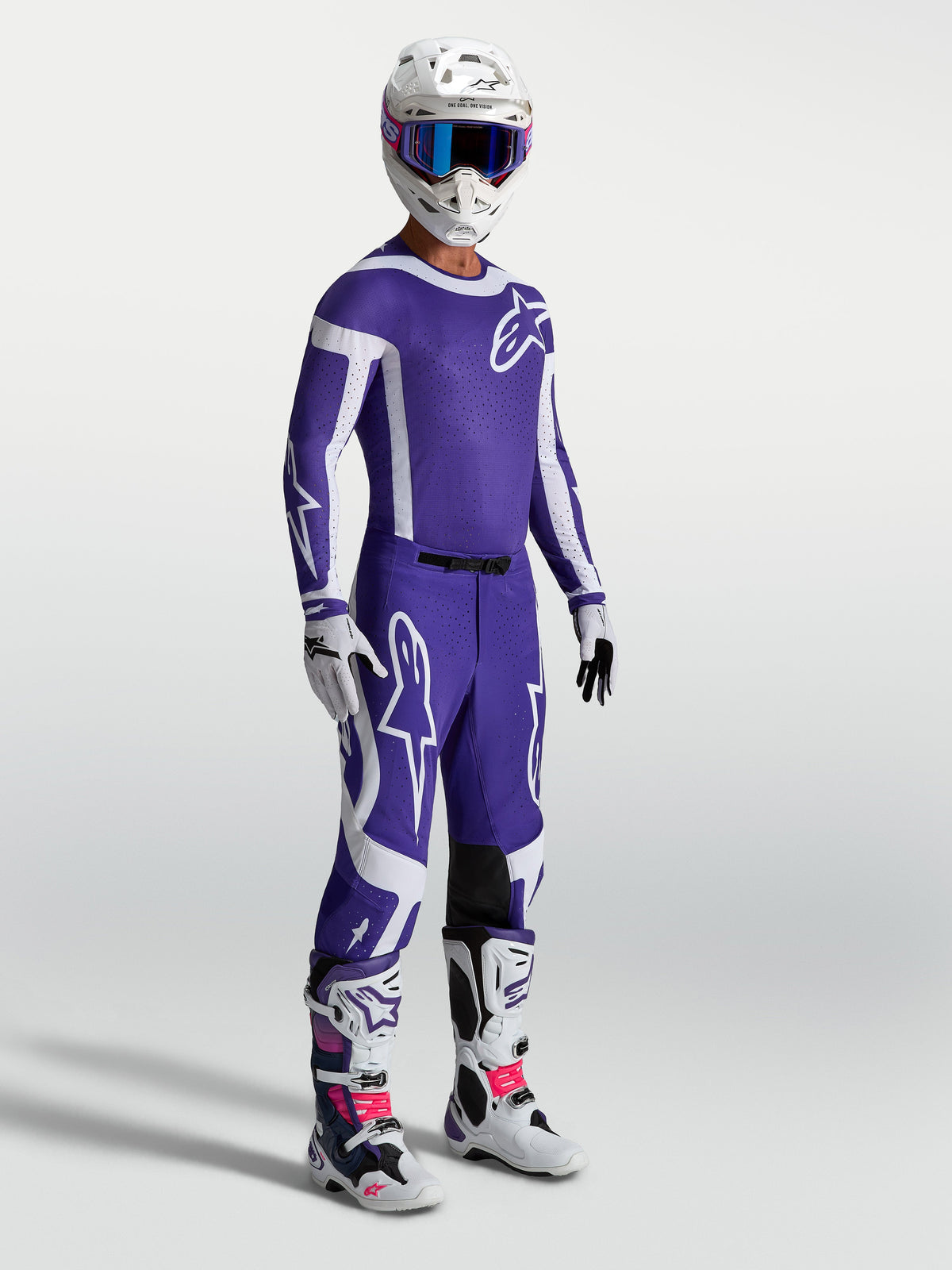 Alpinestars Pantaloni Supertech Vesta, pantaloni motocross professionali, blu e bianchi, vestibilità atletica da gara.