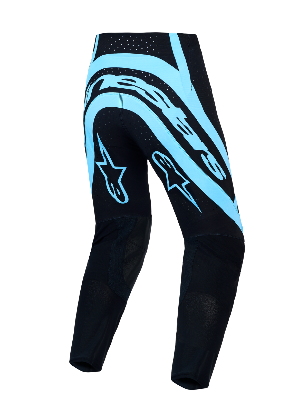 Alpinestars pantaloni Supertech Vesta, pantaloni da motocross per uomo, neri e turchese, con tessuto rip-stop elasticizzato e vestibilità race fit, vista posteriore.
