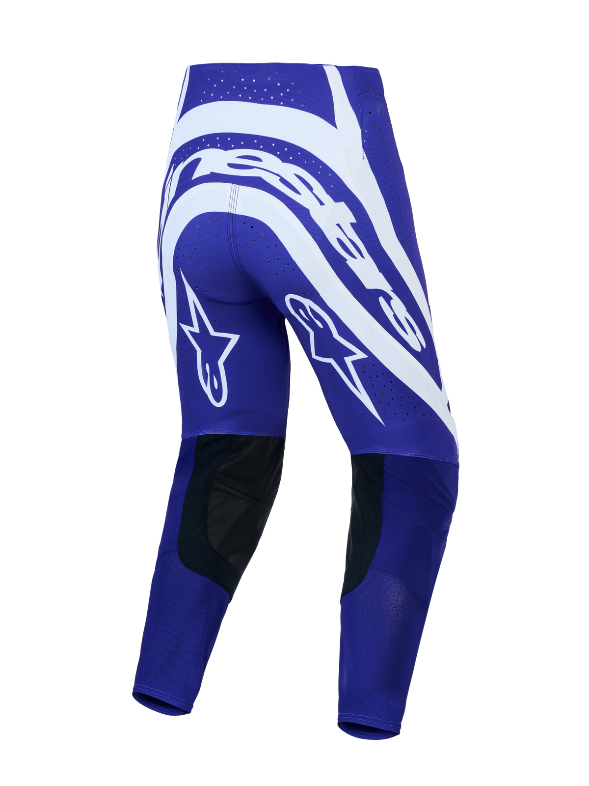 Alpinestars pantaloni Supertech Vesta, pantaloni da motocross per uomo, blu e bianchi, vista posteriore con grafiche a stella e pelle