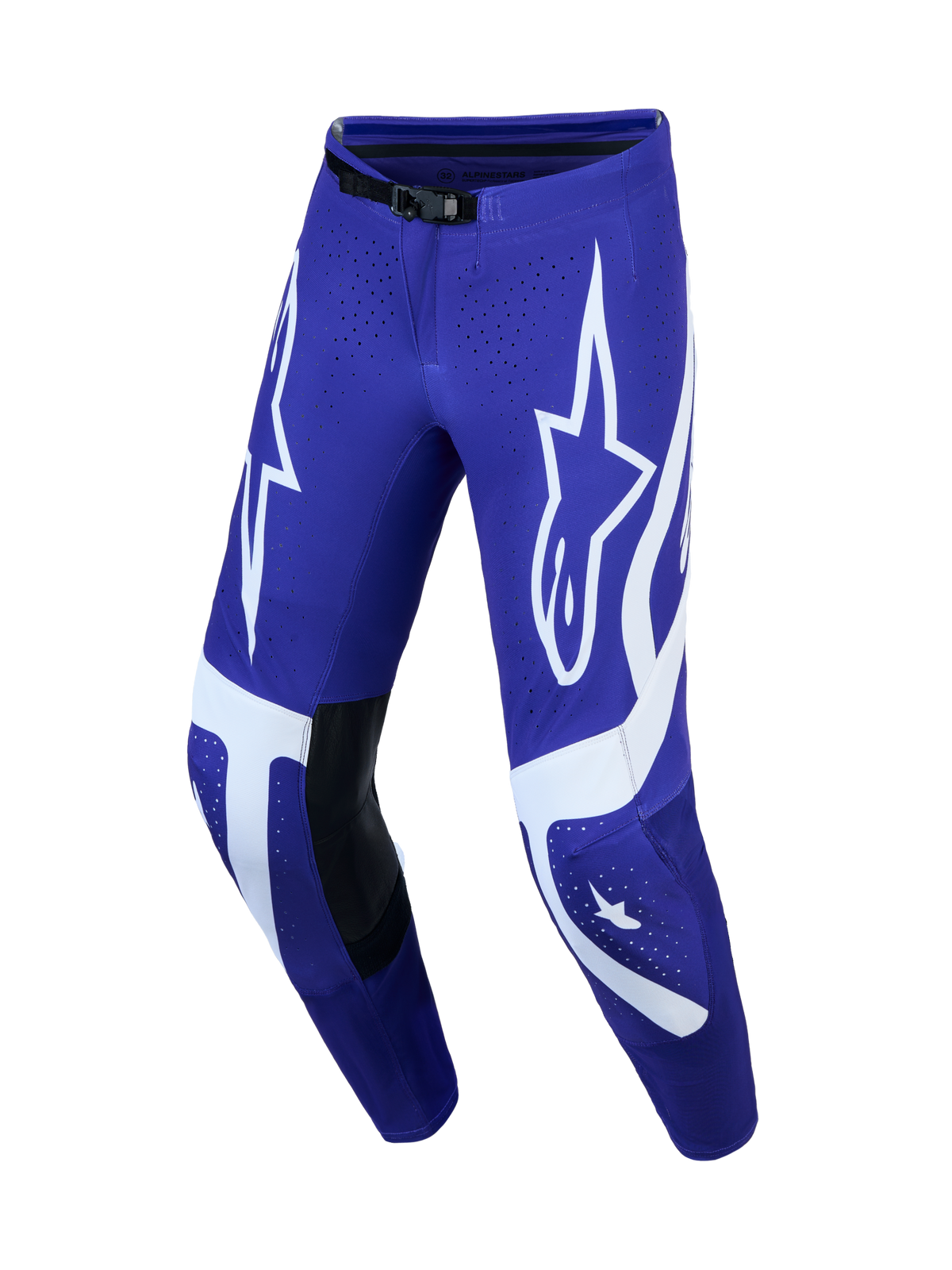 Alpinestars Pantaloni Supertech Vesta, pantaloni motocross da uomo, blu e bianchi con pannelli in pelle e grafiche a stella.