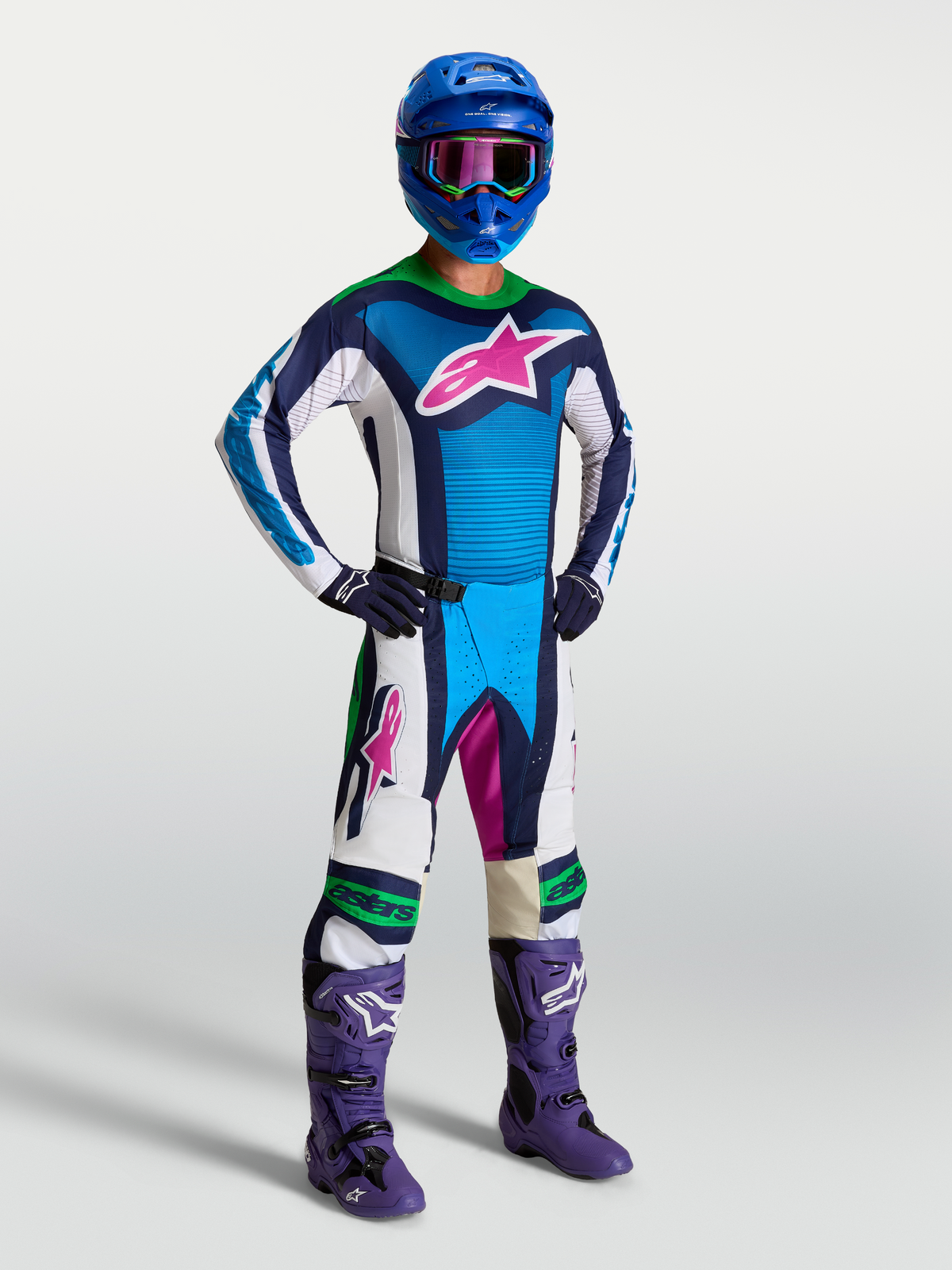 Alpinestars Pantaloni Techstar Maven e Techstar Maven Gear Set, completo da motocross da uomo, blu e bianco con accenti verde fluo, ideale per attività off-road.
