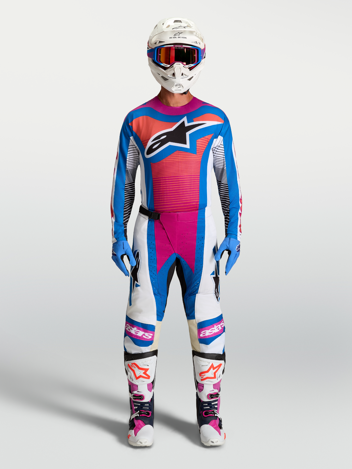 Alpinestars Techstar Maven, kit motocross completo da uomo, bianco, blu e corallo, vestibilità racing leggera per prestazioni elevate in fuoristrada