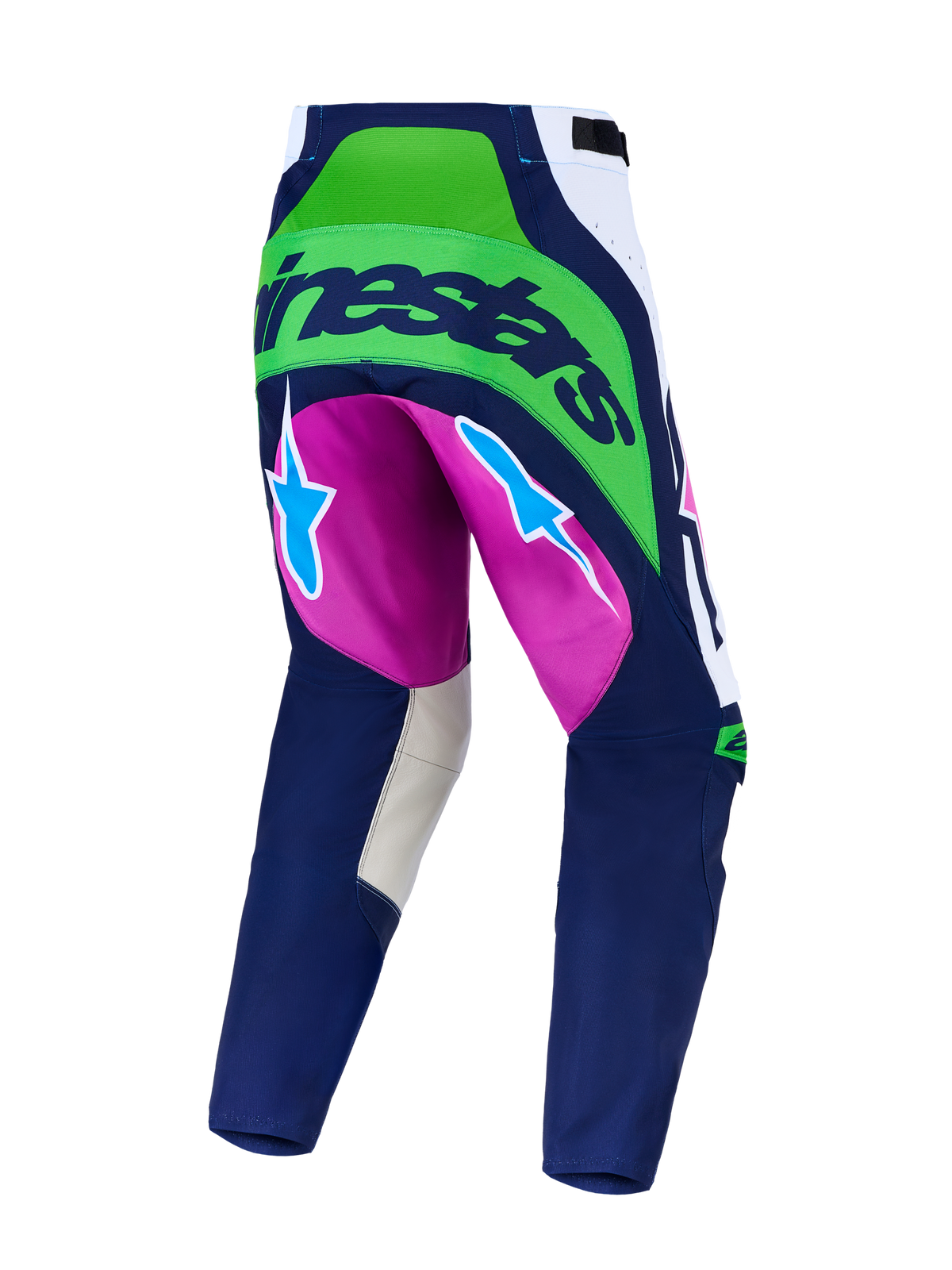 Alpinestars pantaloni Techstar Maven, pantaloni motocross blu e verde fluo con inserti viola e zone elasticizzate sul retro.