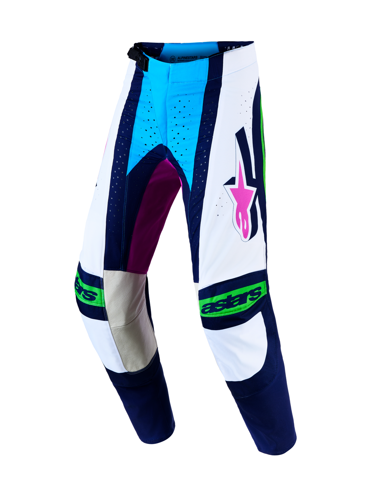 Alpinestars Pantaloni Techstar Maven, pantaloni da motocross da uomo, bianchi e blu, pannelli in pelle e taglio racing.