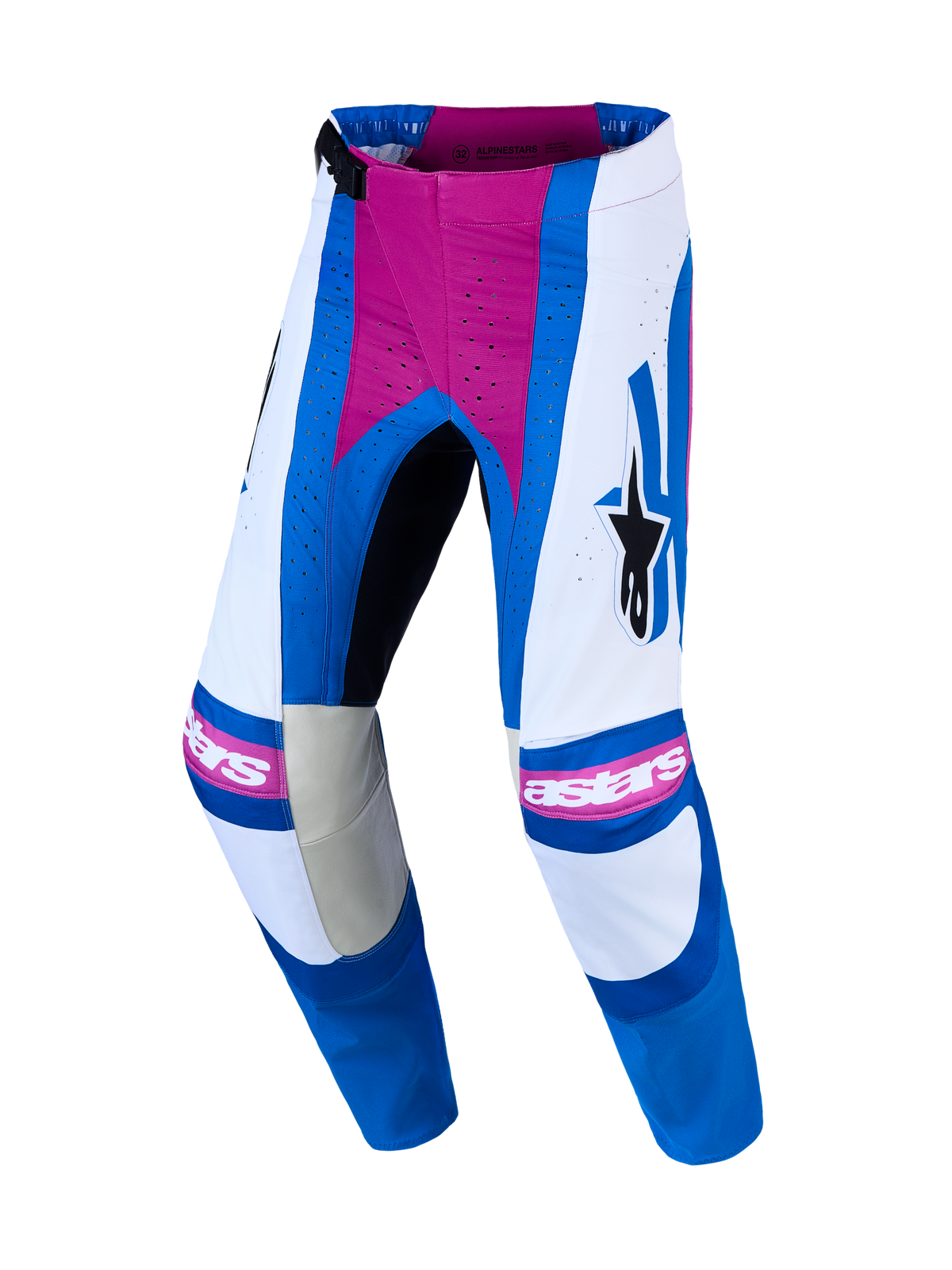 Alpinestars Pantaloni Techstar Maven, pantaloni da motocross fuoristrada da uomo, bianchi, blu e rosa, con perforazioni al laser e inserti in pelle