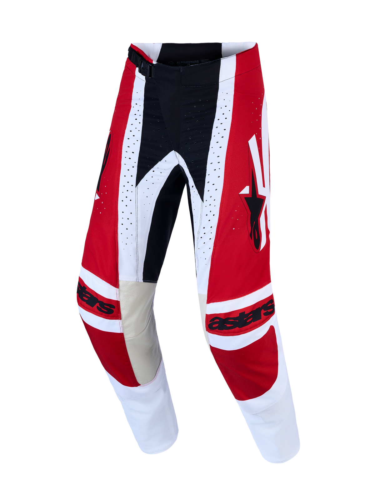 Alpinestars pantaloni Techstar Maven, pantaloni da motocross uomo rossi e bianchi, in resistente poly-fabric 600D.