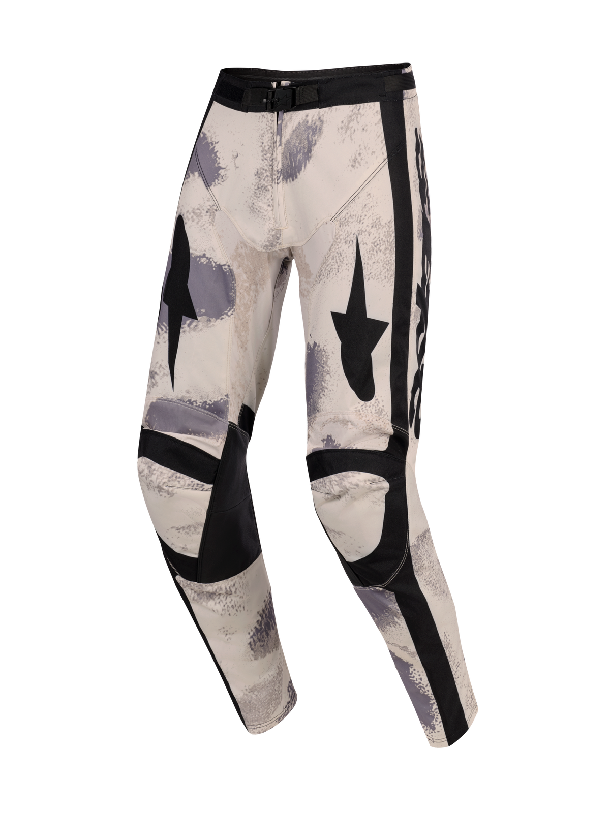 Alpinestars 2026 Racer Lahnd Pants, pantaloni da motocross, Sand Camo, base off-white con motivi a pennellata grigi e neri, grafiche a stella nere sulle cosce, pannelli neri rinforzati sulle ginocchia e fibbia regolabile in vita, design ergonomico per corse off-road