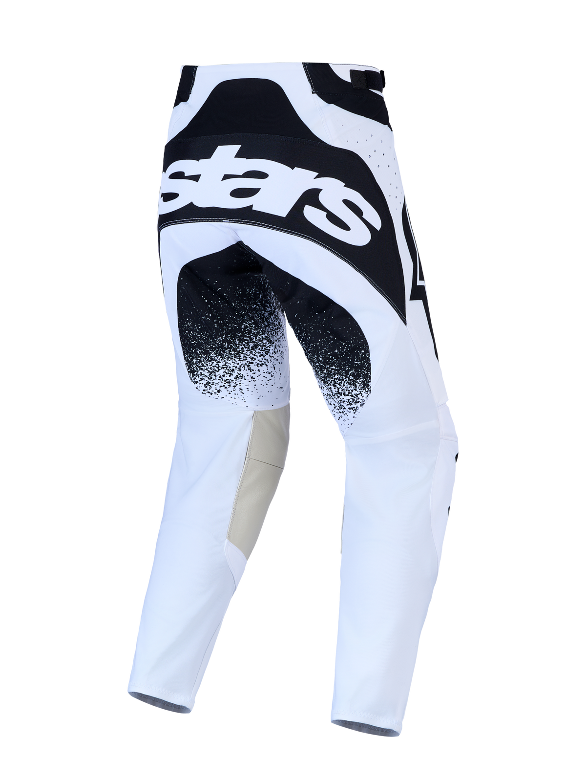 Alpinestars Pantaloni Techstar Swan, pantaloni da motocross per uomo, bianchi e neri, in pelle e tessuto elasticizzato, vista posteriore con logo astars