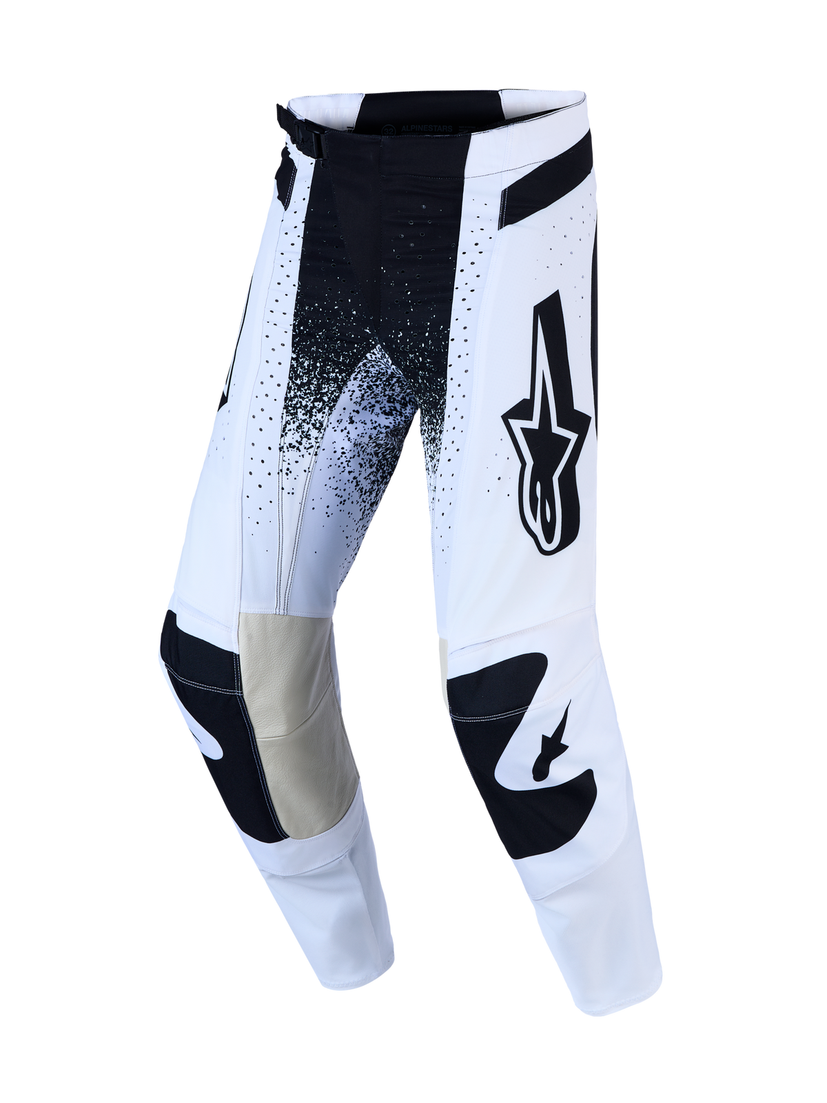 Alpinestars Pantaloni Techstar Swan AND Techstar Swan Gear Set, pantaloni da motocross bianchi e neri con pannelli in pelle.