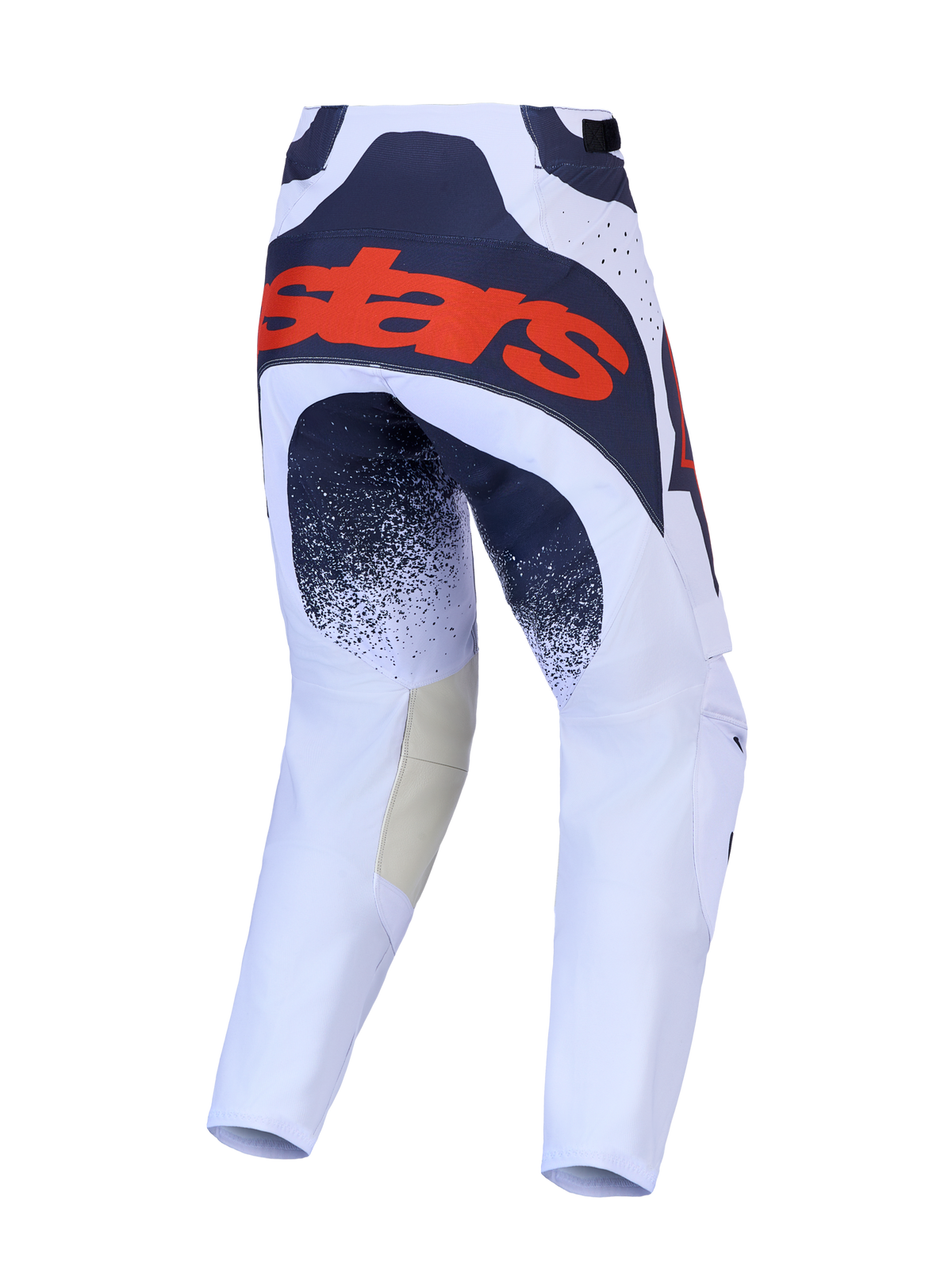 Alpinestars pantaloni Techstar Swan, pantaloni da motocross lilla chiaro e grigi scuri, retro con logo rosso fluo.