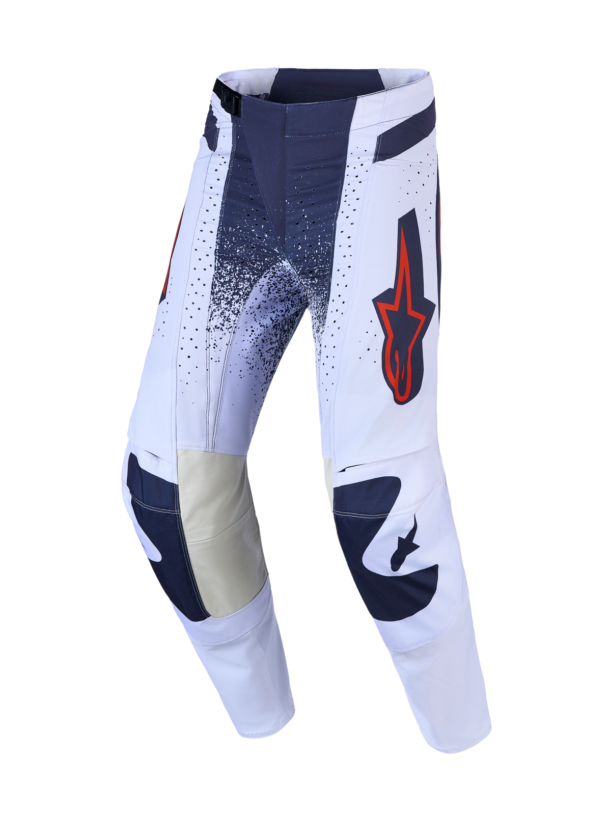 Alpinestars Pantaloni Techstar Swan, pantaloni da motocross da uomo, lilla chiaro e grigio con dettagli rosso fluo e pelle.
