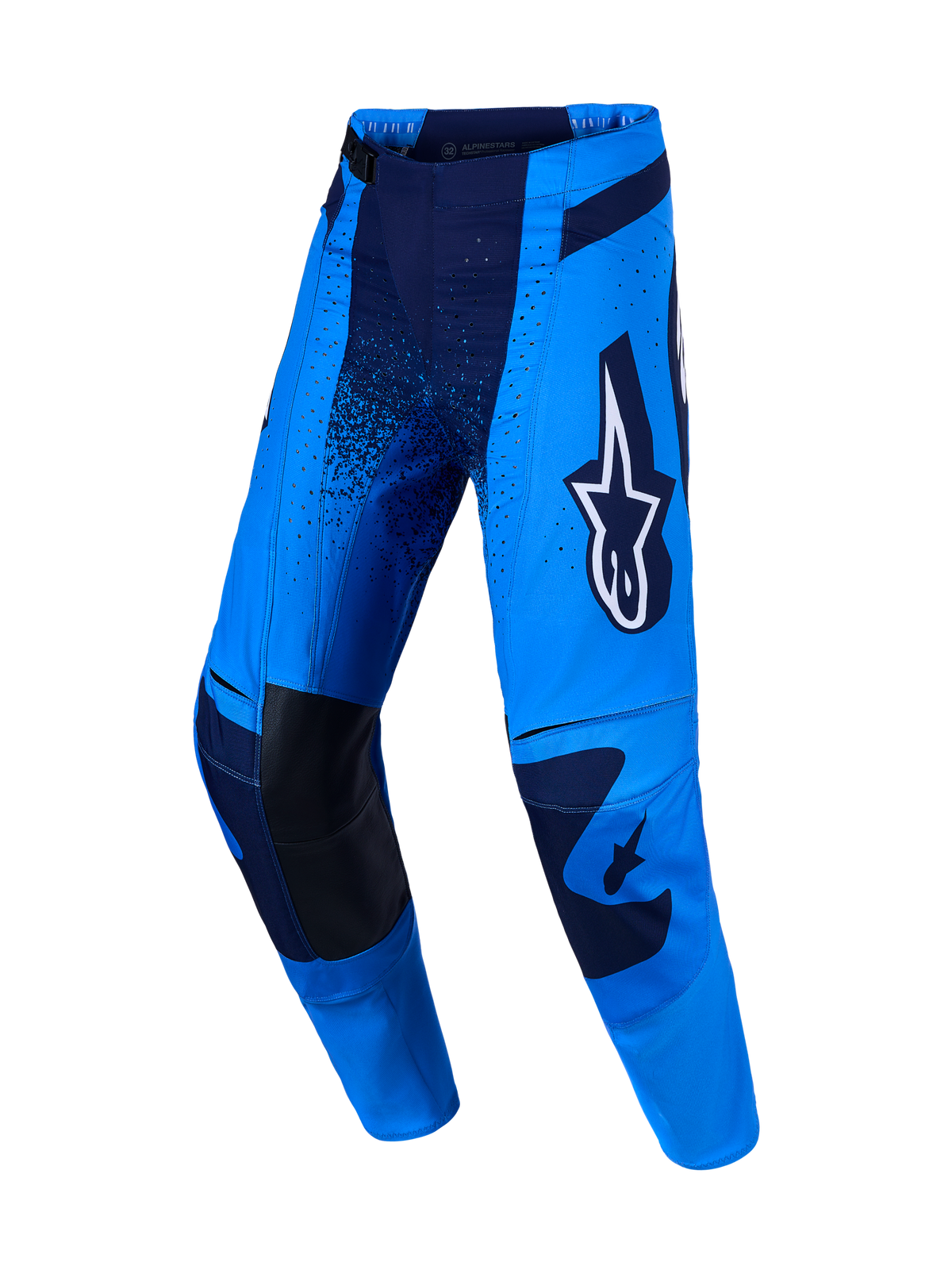 Alpinestars Pantaloni Techstar Swan, pantaloni motocross blu e blu scuro con ginocchia in pelle per gare fuoristrada.