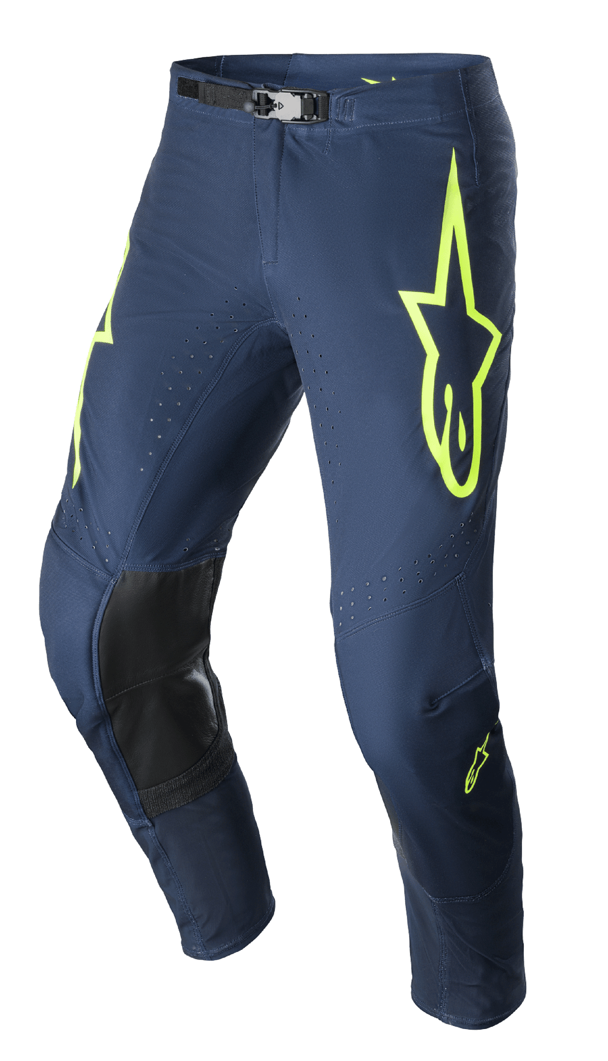 Alpinestars 2023 Supertech Bruin Pants, pantaloni da motocross, blu notte e giallo fluo, con pannelli rinforzati sulle ginocchia neri, ventilazione traforata e fibbia magnetica regolabile, design da gara resistente