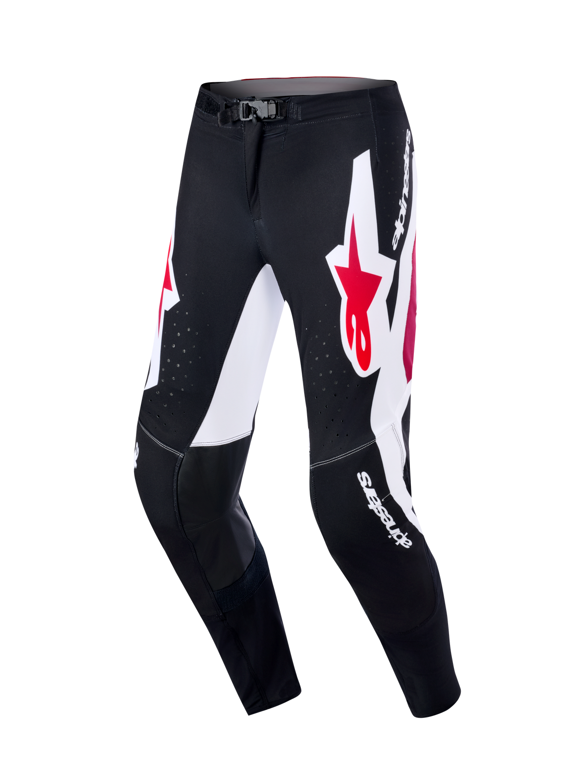Alpinestars Pantaloni Supertech AFD Vista 2026, pantaloni da motocross, nero, rosso e bianco, con ampi pannelli grafici bianchi e loghi a stella rossi, pannelli interni alle ginocchia in pelle nera, perforazioni tagliate al laser per il flusso d'aria e logo bianco, abbigliamento professionale per gare off-road