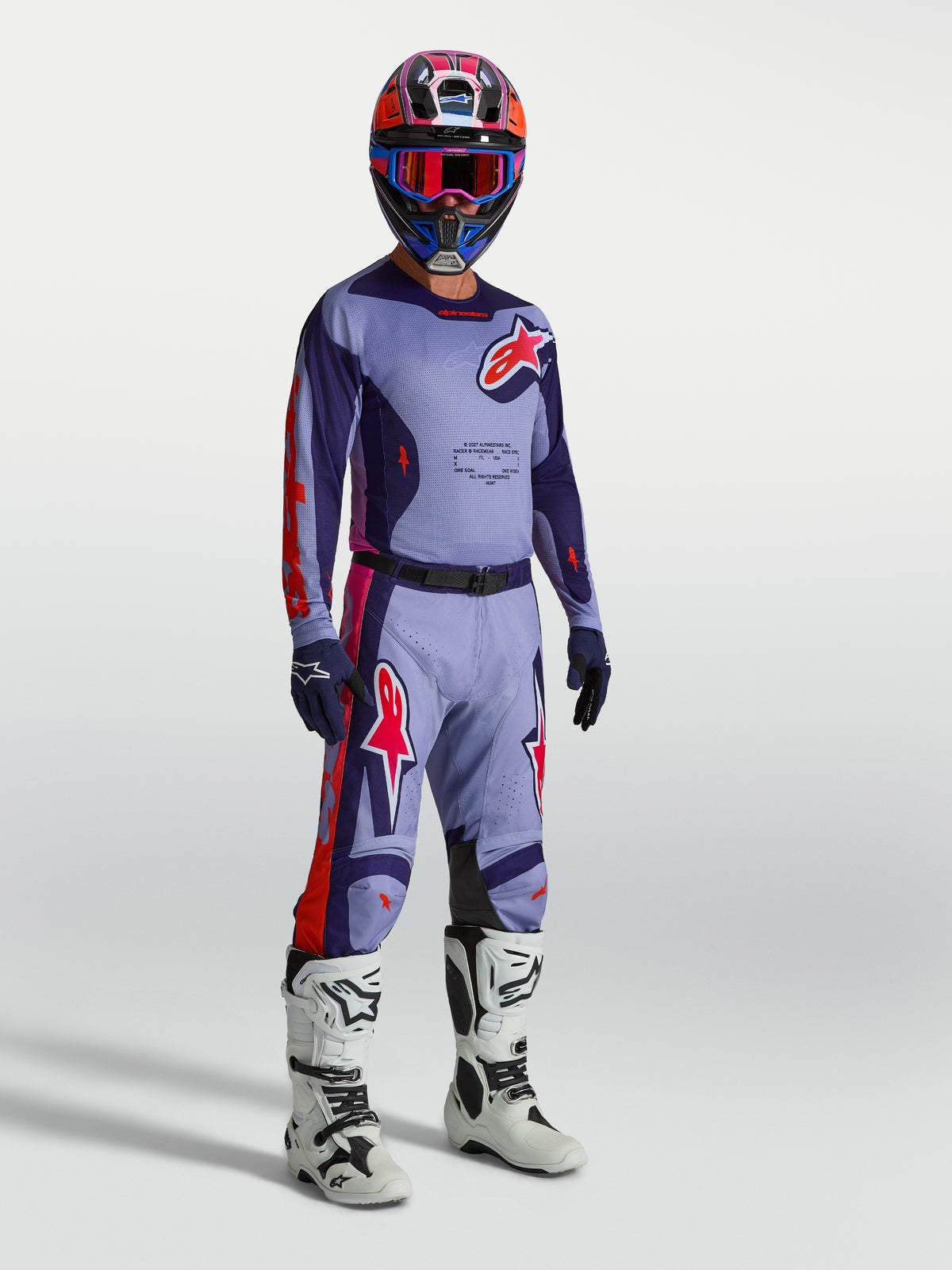 Alpinestars Pantaloni Racer Air Hunt da uomo, viola e rosa fluo, modello da motocross ventilato con interno in pelle.
