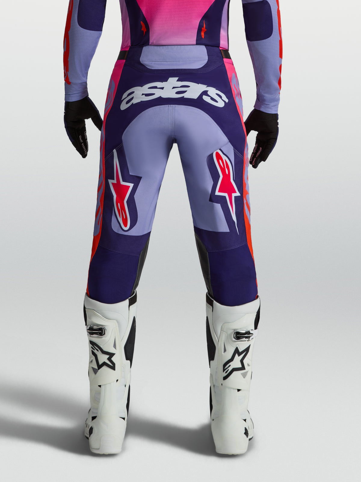 Alpinestars Pantaloni Racer Air Hunt da motocross, uomo, viola e rosa fluo, vista posteriore con pannelli ventilati