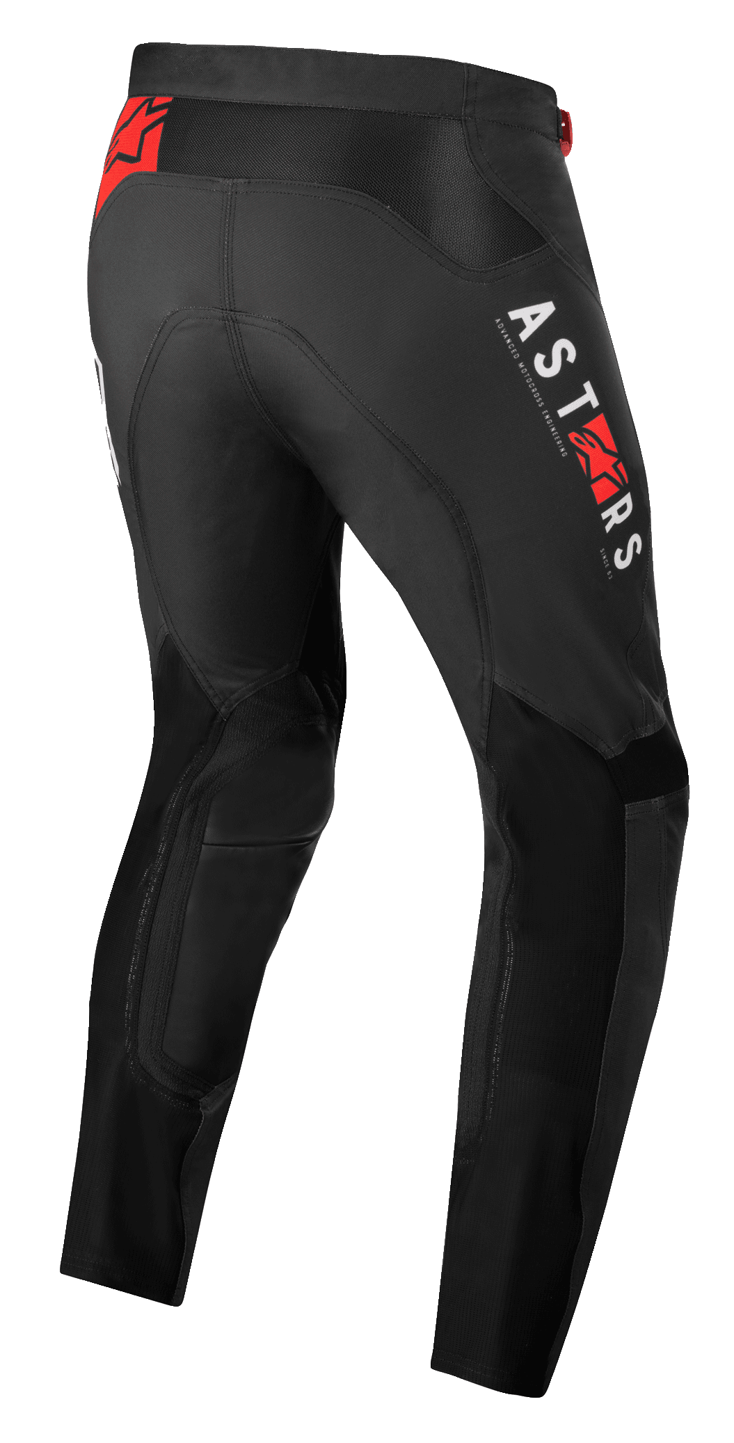 Alpinestars Supertech Foster Pants, pantaloni da motocross, nero, con branding verticale ASTARS bianco e loghi a stella rossi, struttura in tessuto ad alte prestazioni con pannelli in rete per ventilazione e libertà di movimento