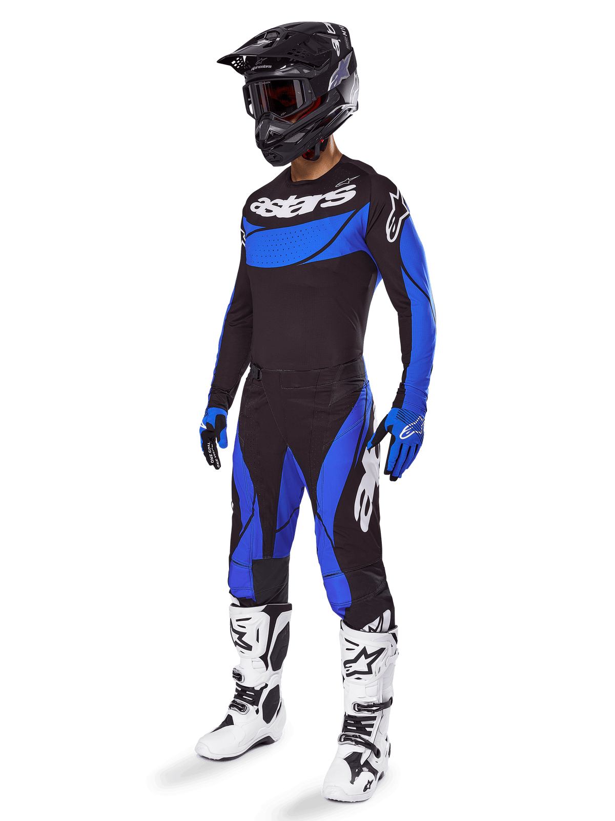 Alpinestars Set Gear Techstar Dreem 2025, abbigliamento da motocross nero e blu, inclusi maglia e pantaloni con loghi bianchi, abbinato a casco nero, guanti blu e neri e stivali bianchi e neri, outfit da gara coordinato per prestazioni fuoristrada.