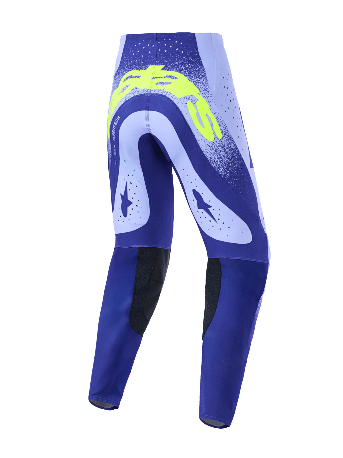 Alpinestars Pantaloni Supertech Scenz 2026, pantaloni da motocross, viola e giallo neon, vista posteriore che mostra il design tecnico con traforature al laser, branding giallo neon sul retro e pannelli interni alle ginocchia neri resistenti