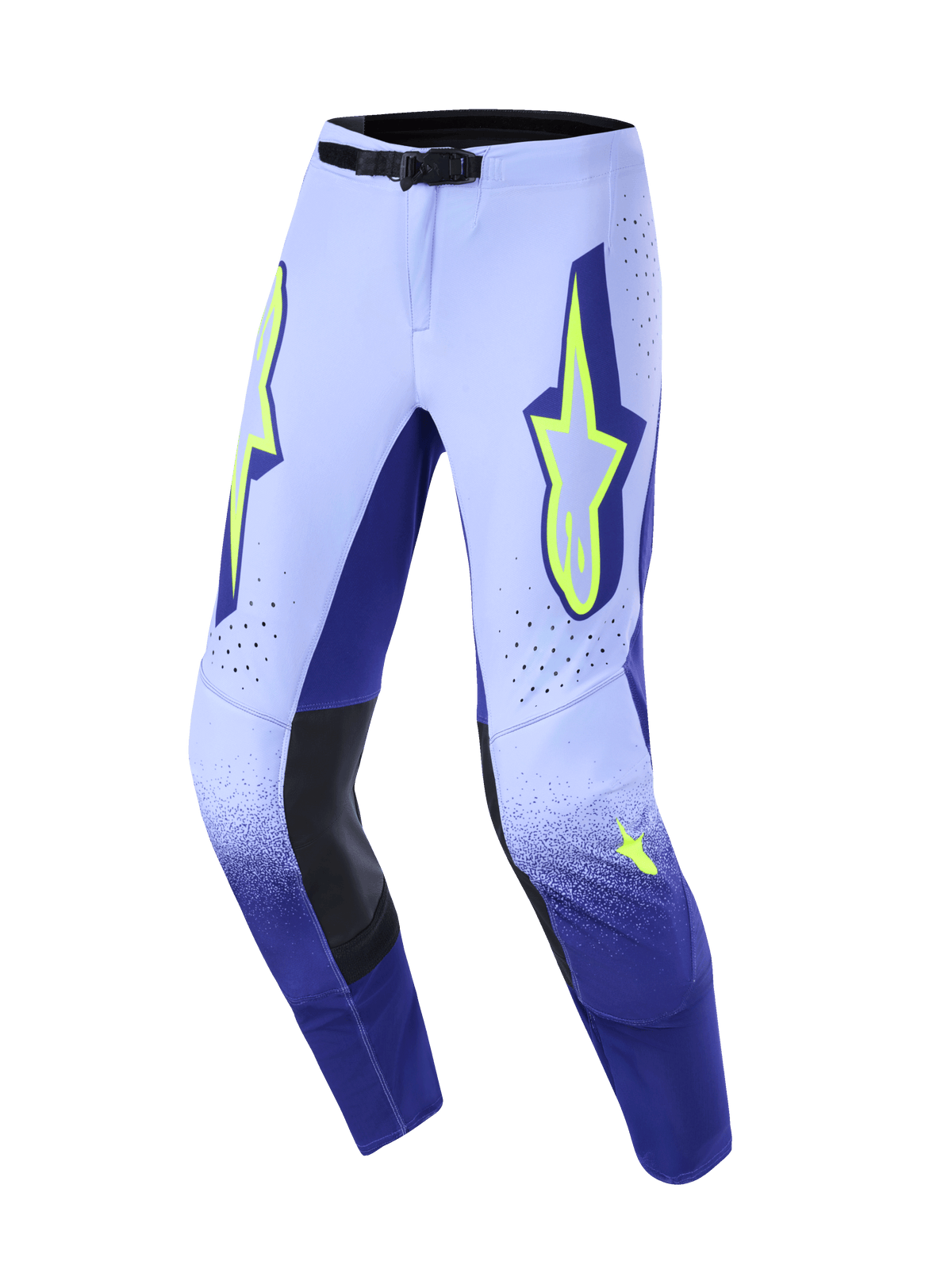 Alpinestars 2026 Supertech Scenz Pants, pantaloni da motocross, viola e giallo fluo, caratterizzati da una sfumatura da lavanda a blu navy, loghi a stella Alpinestars giallo neon sulle cosce, inserti interni alle ginocchia in pelle nera e una fibbia nera sicura in vita.