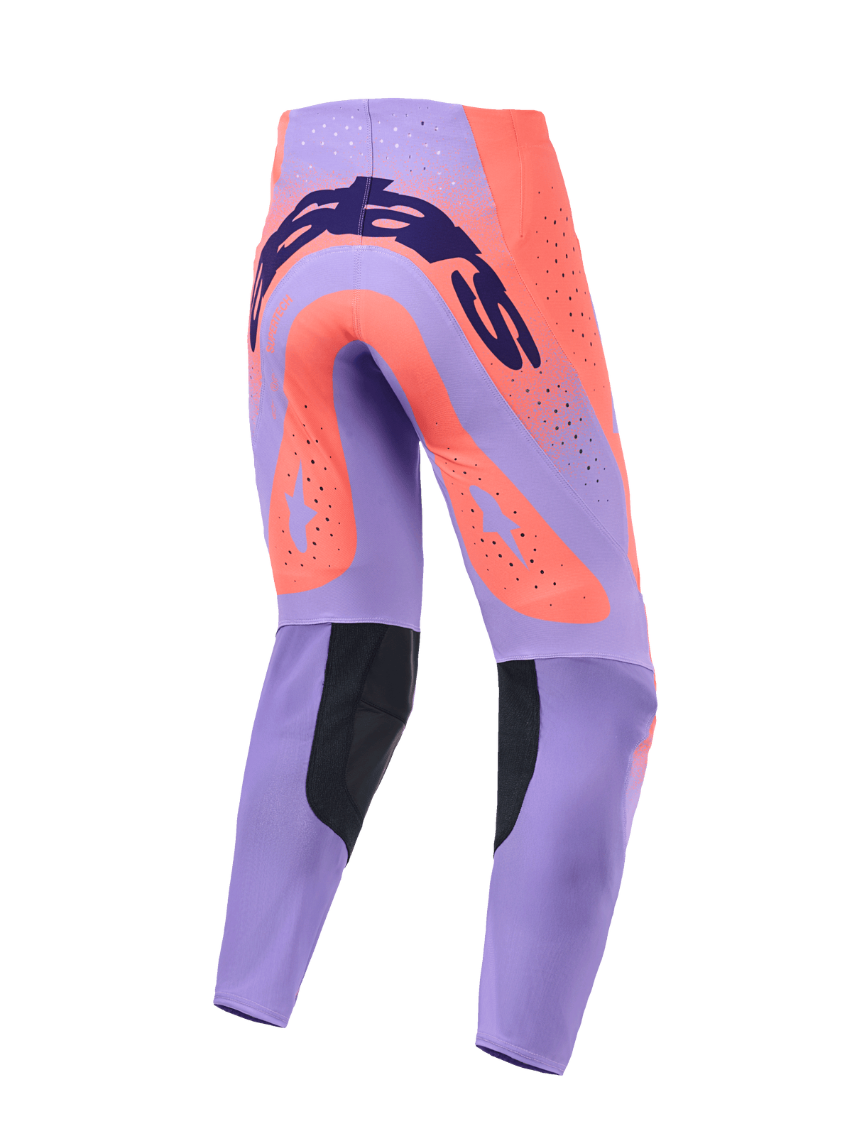 Alpinestars Supertech Scenz 2026, pantaloni da motocross, corallo acceso e viola, vista posteriore con marchio blu scuro sulla seduta, grandi stelle corallo sulle cosce, pannelli interni neri sui polpacci e fori di ventilazione tagliati al laser.