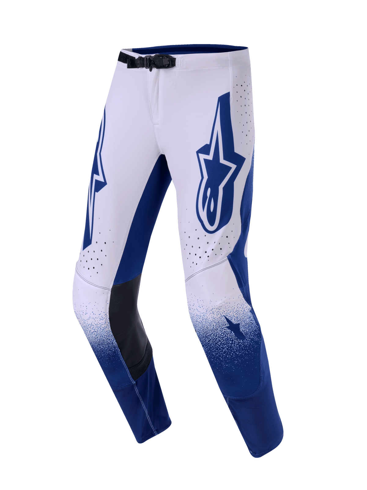 Alpinestars Supertech Scenz 2026, pantaloni da motocross, grigio chiaro e blu scuro, con grande logo Astars blu sulla coscia, pannelli interni al ginocchio in pelle nera e fori di ventilazione, effetto sfumato sulla parte inferiore delle gambe, abbigliamento professionale per performance fuoristrada