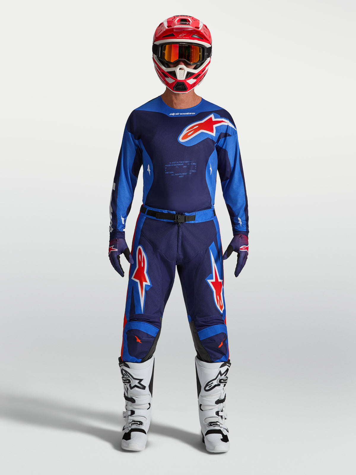 Alpinestars pantaloni Racer Hunt, abbigliamento motocross da uomo, blu e rosso, in poliestere resistente per fuoristrada.