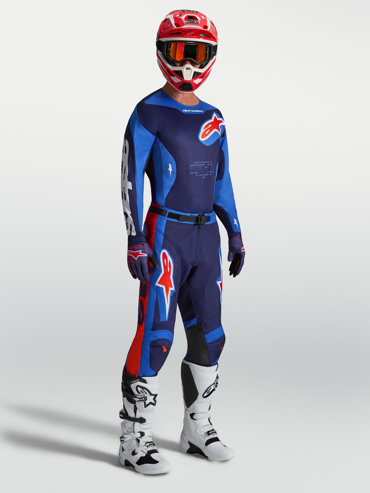 Alpinestars Pantaloni Racer Hunt, pantaloni da motocross uomo blu e rossi, vestibilità ergonomica pre-curvata da gara.