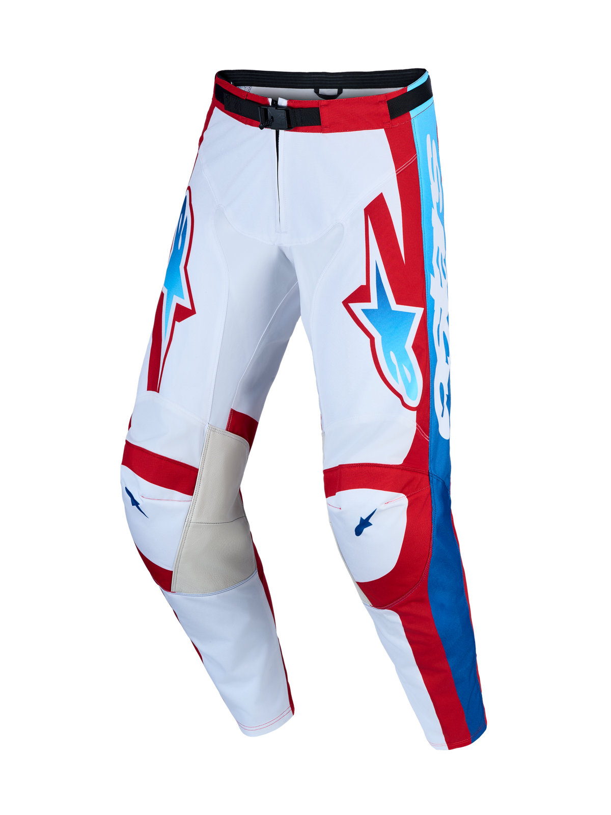 Alpinestars Pantaloni Racer Hunt, pantaloni motocross da uomo bianchi e rossi con dettagli blu e interno ginocchio in pelle.