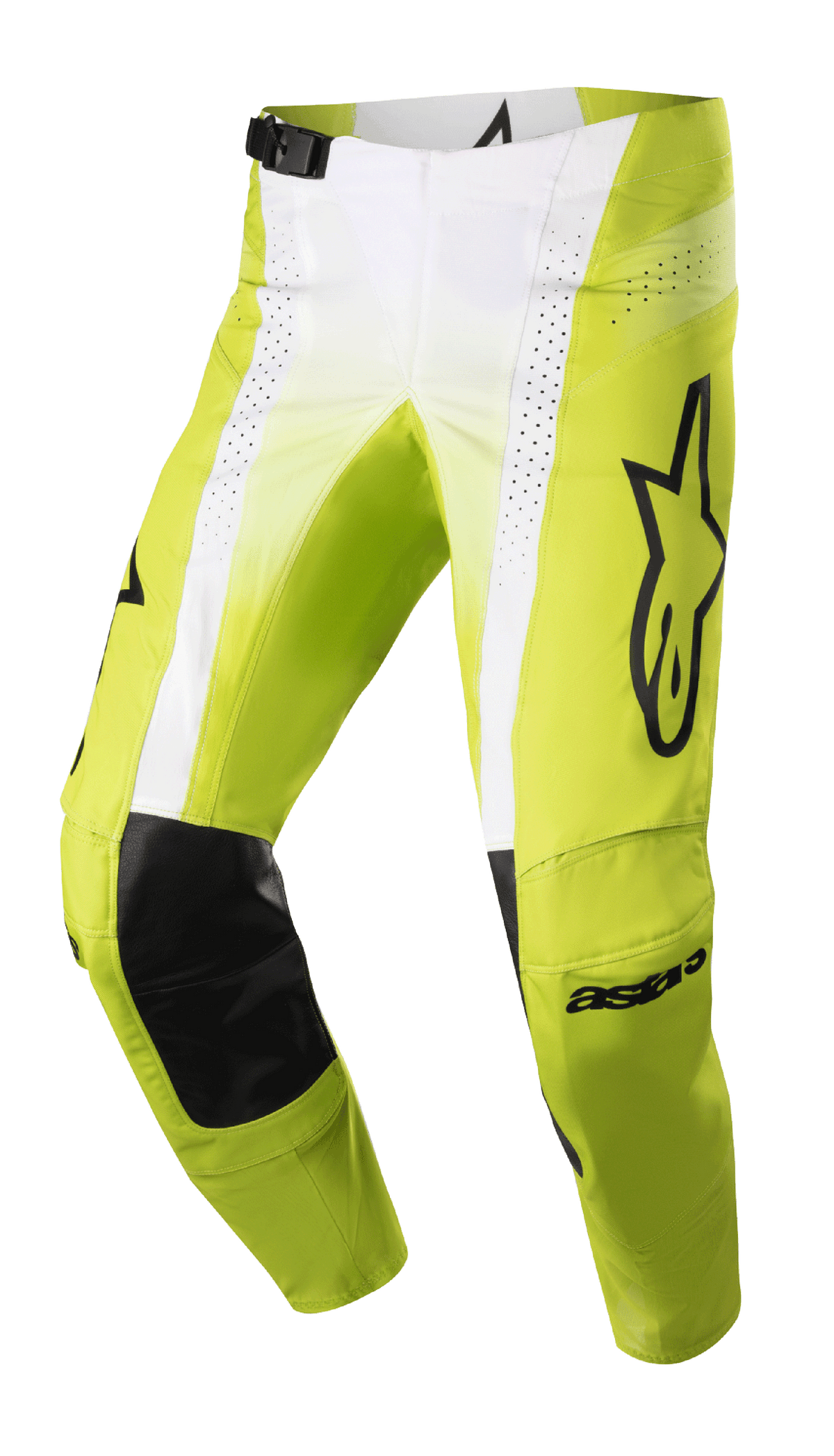 Alpinestars 2023 Techstar Push Pants, pantaloni da motocross, giallo fluo e bianco con accenti neri, con rinforzi interni alle ginocchia in pelle nera, pannelli di ventilazione traforati, grande logo nero sulla coscia e fibbia regolabile in vita, abbigliamento off-road ad alte prestazioni