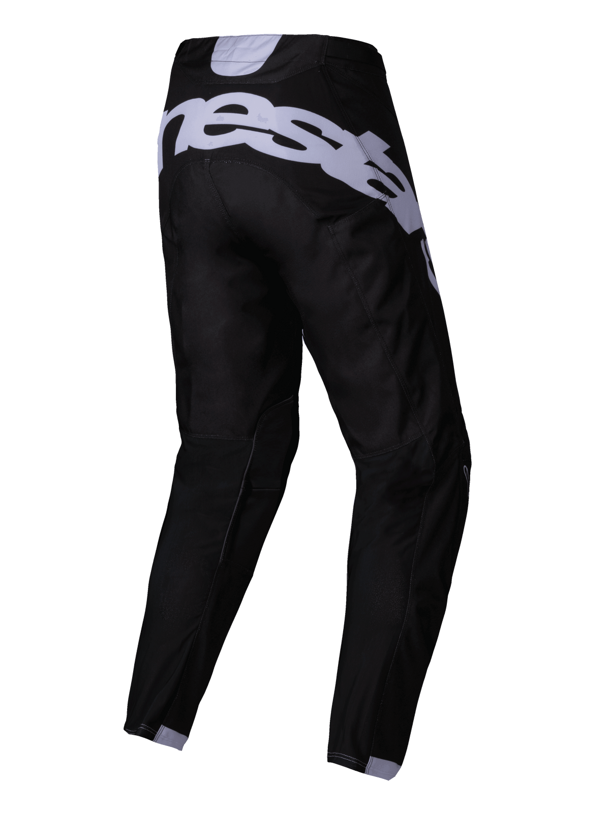 Alpinestars 2025 Racer Graphite Pants, pantaloni da motocross, nero e grigio, vista posteriore con grande logo grigio sulla seduta, gambe precurvate e tessuto tecnico resistente per corse fuoristrada