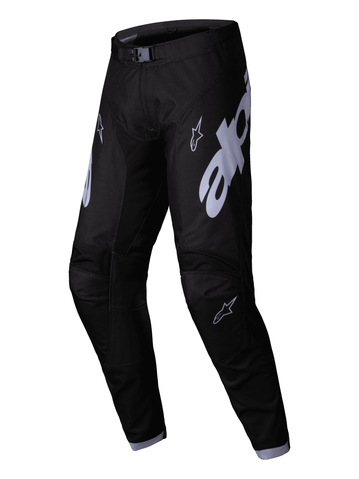 Alpinestars 2025 Racer Graphite Pants, pantaloni da motocross, nero e grigio, grandi loghi Alpinestars grigi sulle cosce, design delle gambe pre-curvato e fibbia magnetica in vita per prestazioni off-road