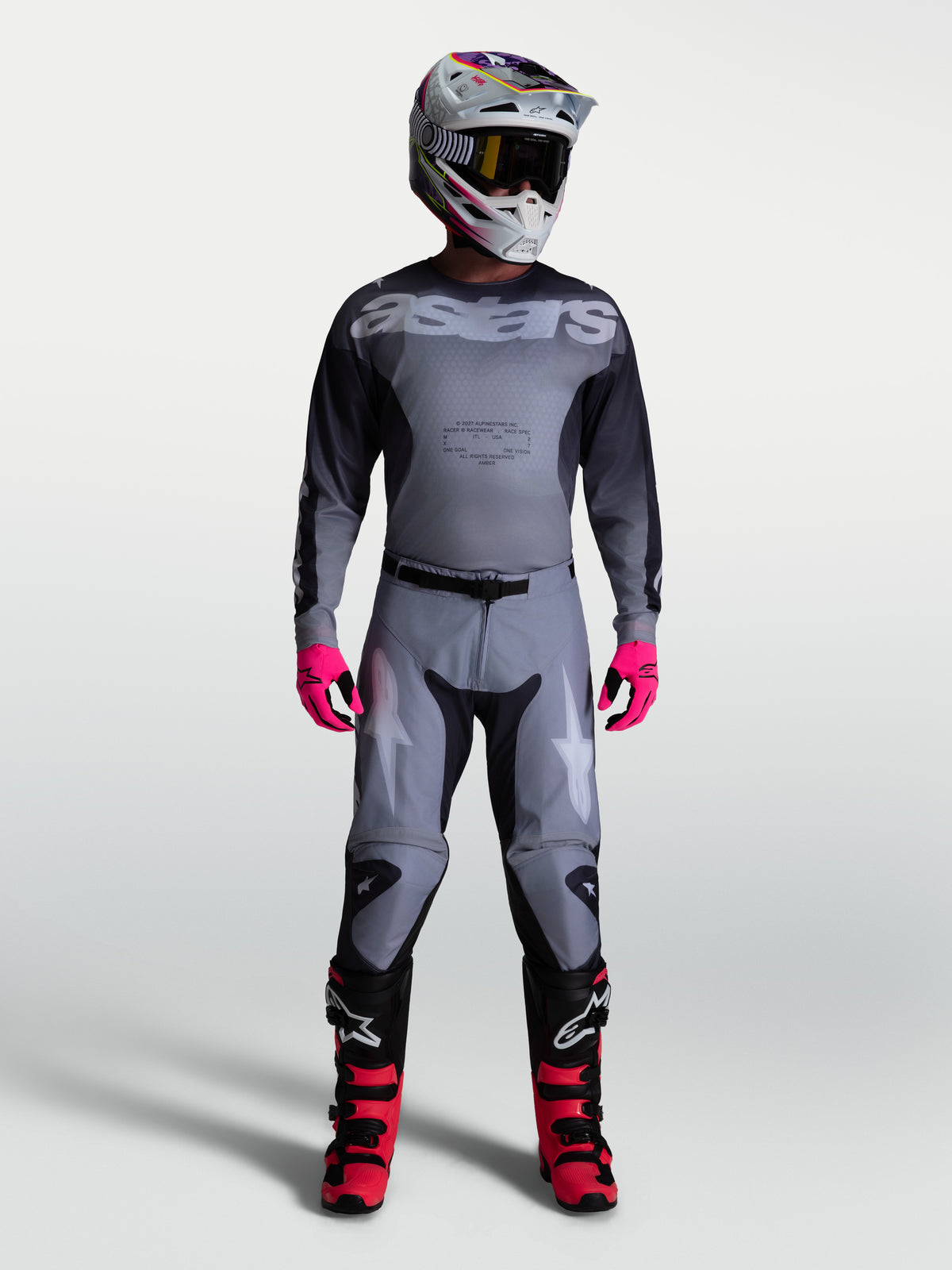 Alpinestars Pantaloni Racer Amber, pantaloni da motocross da uomo, grigio e lilla chiaro, vestibilità racing su modello.