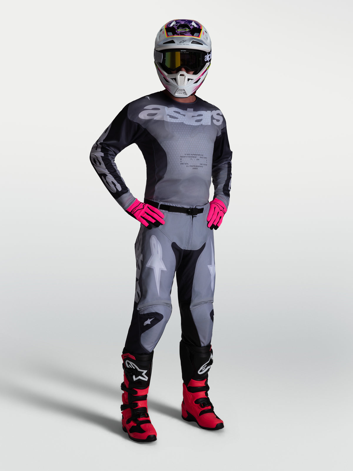 Alpinestars pantaloni Racer Amber e set completo grigio e rosa, abbigliamento da motocross resistente per uomo.