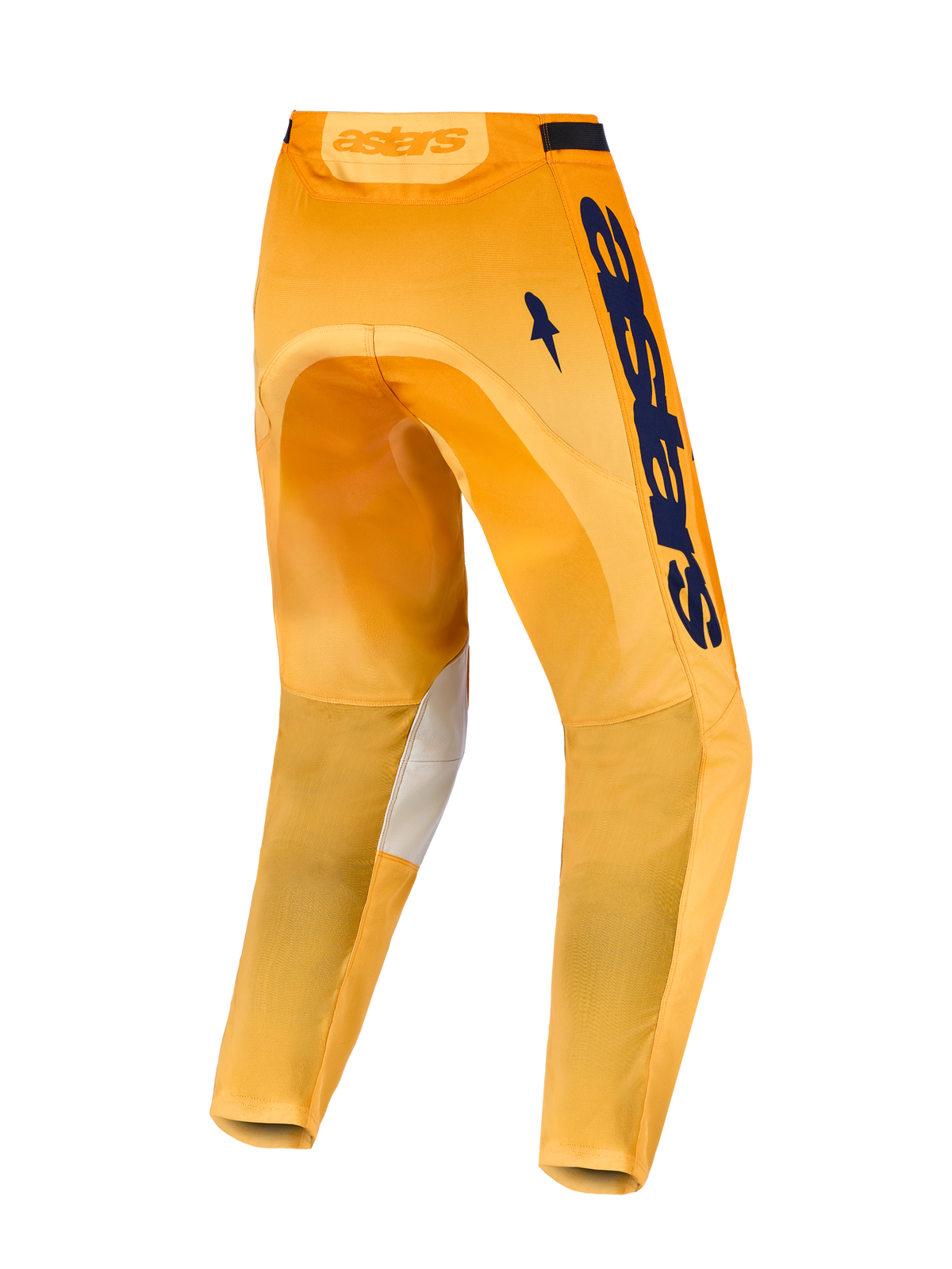 Alpinestars Pantaloni Racer Amber, pantaloni da motocross racing fuoristrada, vista posteriore con pannelli interni sulle ginocchia in pelle, arancione e blu navy, design ergonomico precurvato