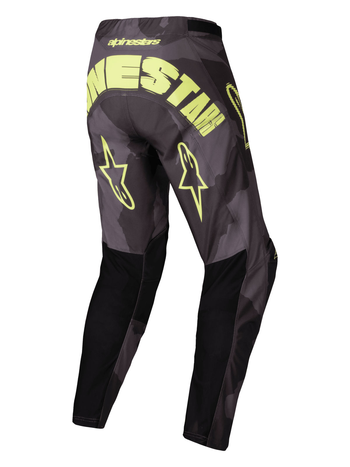 Alpinestars Pantaloni Racer Hollow 2025, pantaloni motocross off-road, camo scuro e giallo fluo, vista posteriore con grande marchio e loghi con stella