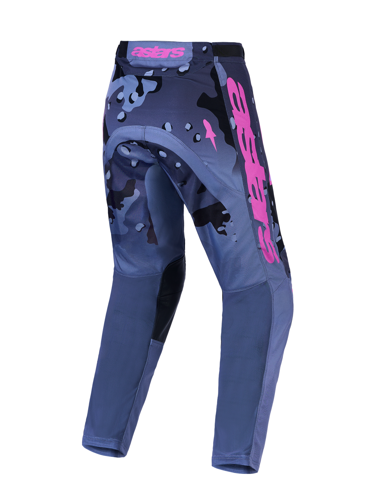 Alpinestars Pantaloni Racer Lone, pantaloni da motocross da uomo, grigio camo e viola, vista posteriore, tessuto resistente.