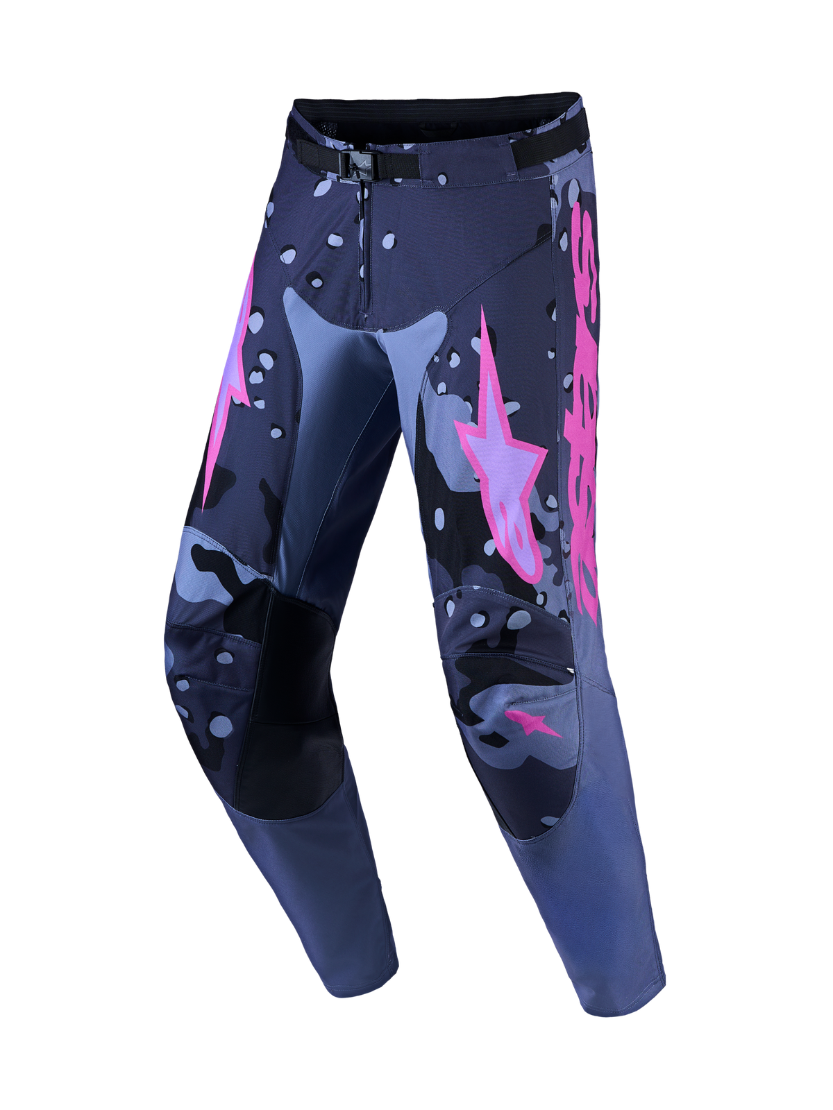 Alpinestars pantaloni Racer Lone, pantaloni da motocross uomo, grigio camo e viola, in poliestere 600D con gambe pre-curvate.