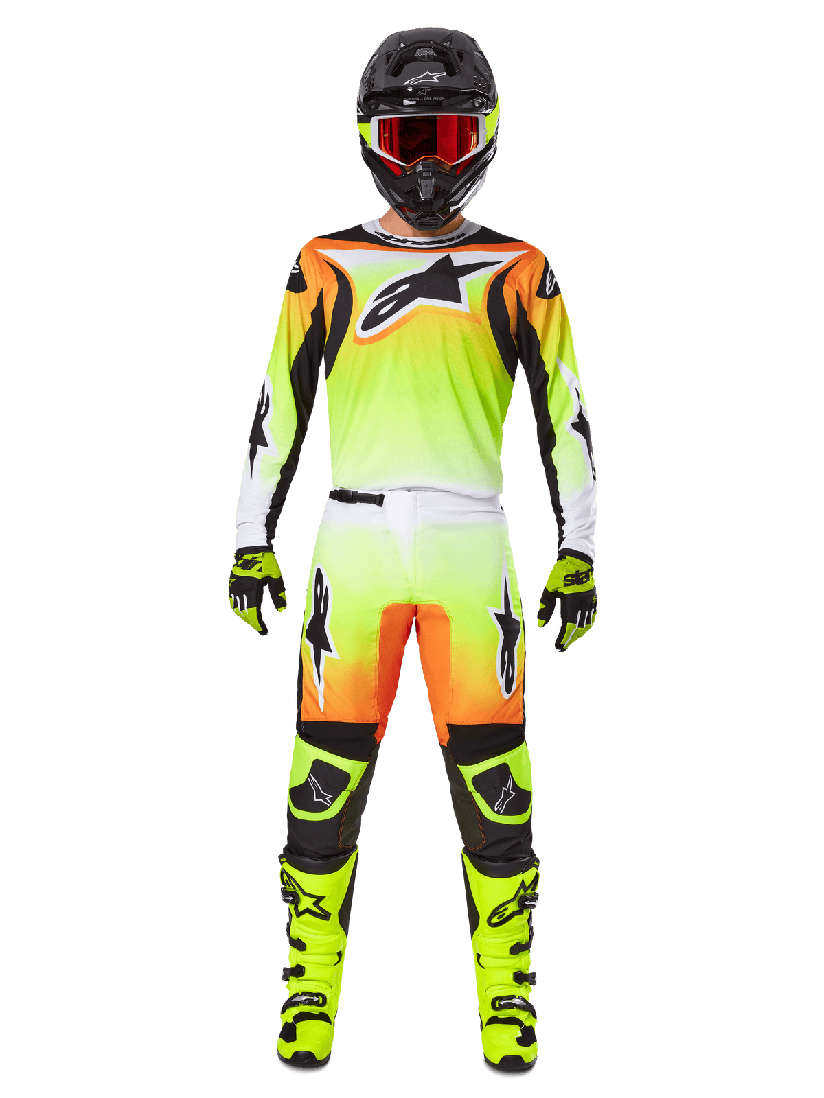 Alpinestars 2025 Fluid Wurx Pants, pantaloni da motocross, giallo e nero con sfumatura arancione e bianca, indossati con maglia coordinata, stivali giallo brillante e casco nero con occhiali rossi, kit completo da motocross