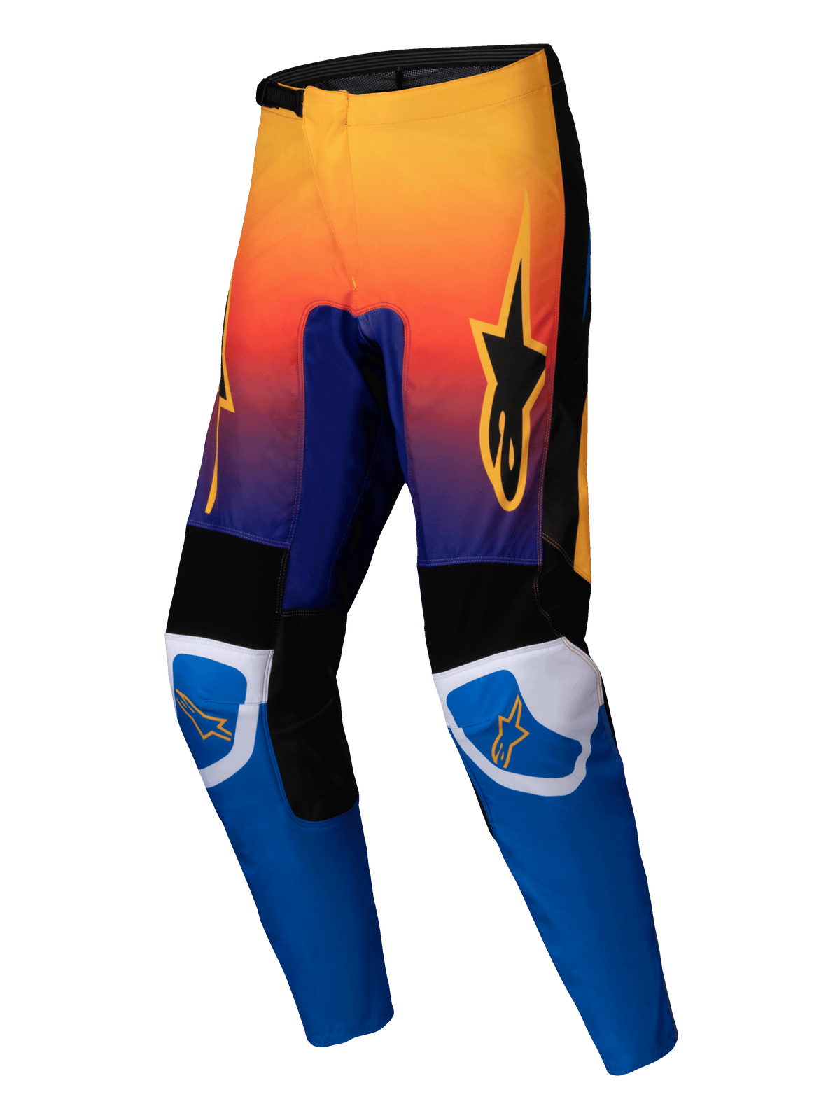 Alpinestars 2025 Fluid Wurx Pants, pantaloni da motocross, multicolore con sfumatura da arancione a viola nella parte superiore e parte inferiore blu acceso, con pannelli rinforzati neri e bianchi, logo a stella arancione su cosce e ginocchia, design resistente per corse fuoristrada