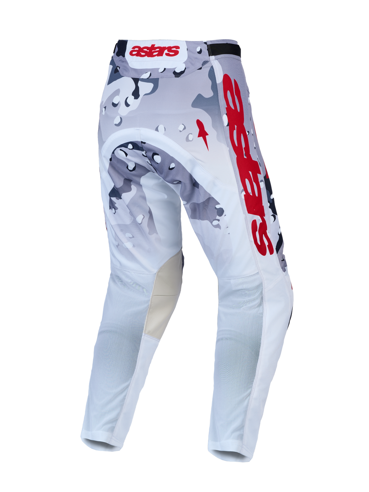 Alpinestars Racer Air Lone, pantaloni motocross ventilati, grigi e bianchi camouflage con dettagli rossi, vista posteriore.