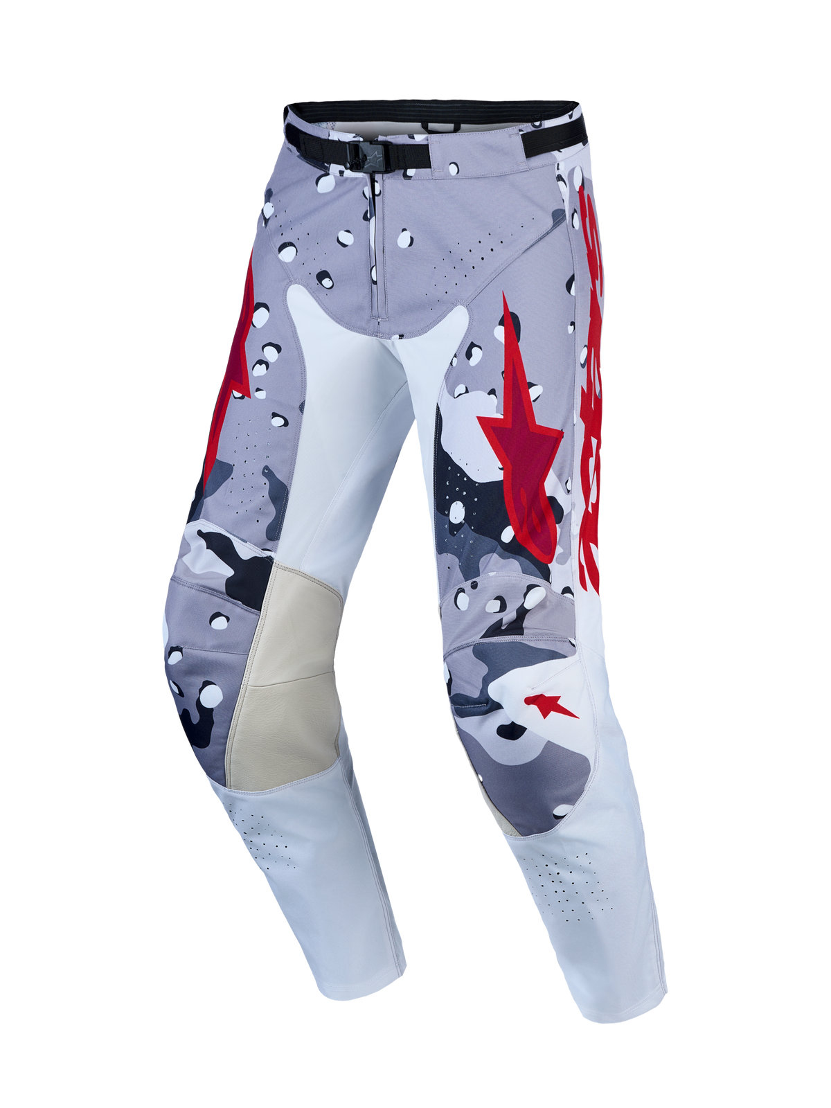 Alpinestars Racer Air Lone Pants, pantaloni da motocross grigi e rossi con costruzione ventilata e taglio ergonomico precurvato.