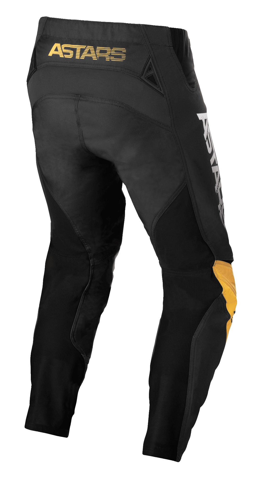 Alpinestars Pantaloni Techstar Quadro, pantaloni da motocross, nero, giallo e mandarino, vista posteriore con marchio 'ASTARS' giallo sulla cintura, inserti in rete nera per la ventilazione e pannelli ergonomici sulle ginocchia in giallo e mandarino per la resistenza nel fuoristrada