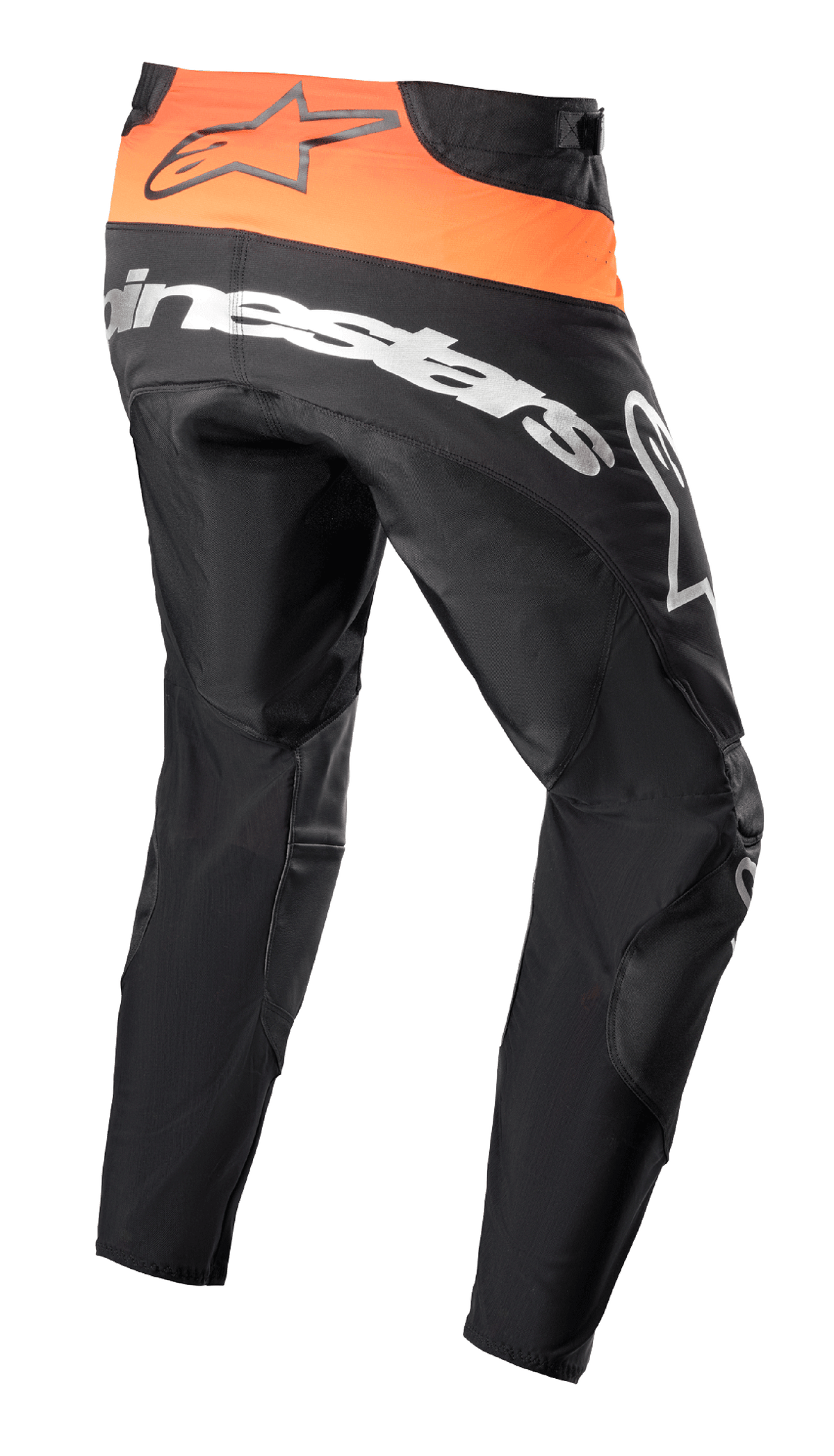 Alpinestars Techstar Sein Pants 2023, pantaloni da motocross, nero e arancione acceso, vista posteriore con pannello in vita arancione e logo nero, grande marchio Alpinestars bianco sulla seduta, costruzione in tessuto rinforzato per gare fuoristrada