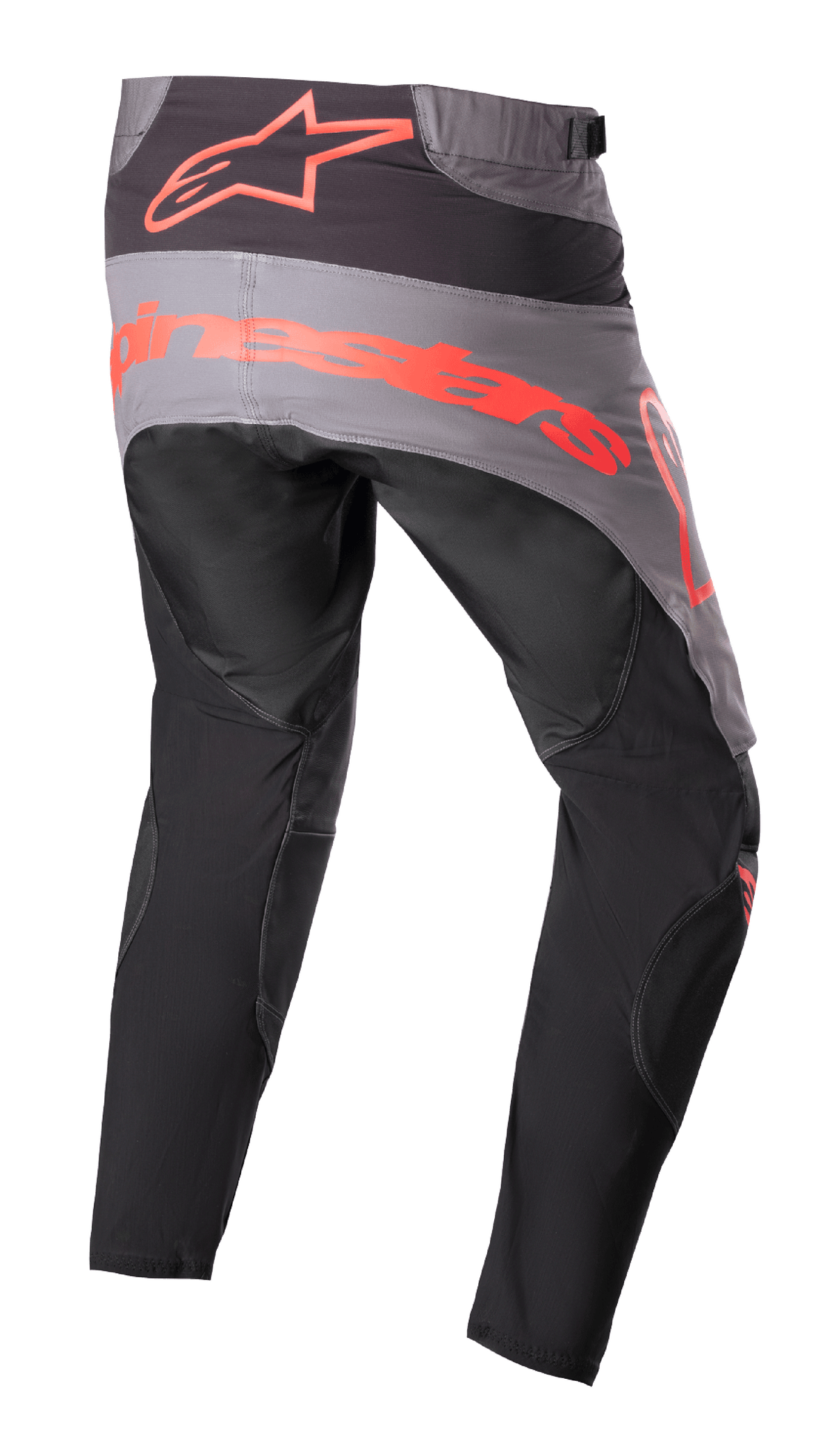 Alpinestars pantaloni Techstar Sein 2023, pantaloni da motocross, nero e rosso neon, vista posteriore con pannello della seduta grigio e grande marchio rosso neon, gambe pre-curvate ergonomiche, costruzione in tessuto resistente per prestazioni fuoristrada