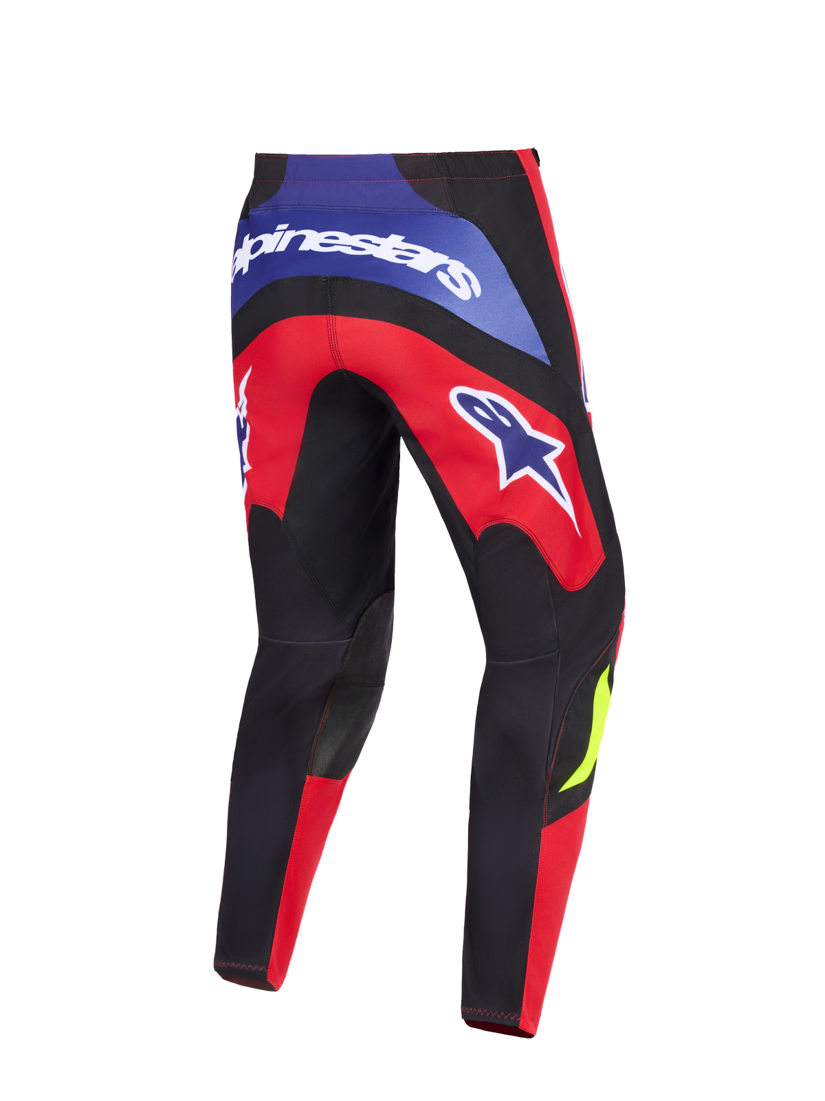 Alpinestars 2026 Fluid Grid Pants, pantaloni da motocross, rosso, nero e viola, vista posteriore con evidente branding Alpinestars sul carré posteriore e sulle cosce, pannelli neri rinforzati sulle ginocchia e design ergonomico sport-fit per la guida off-road