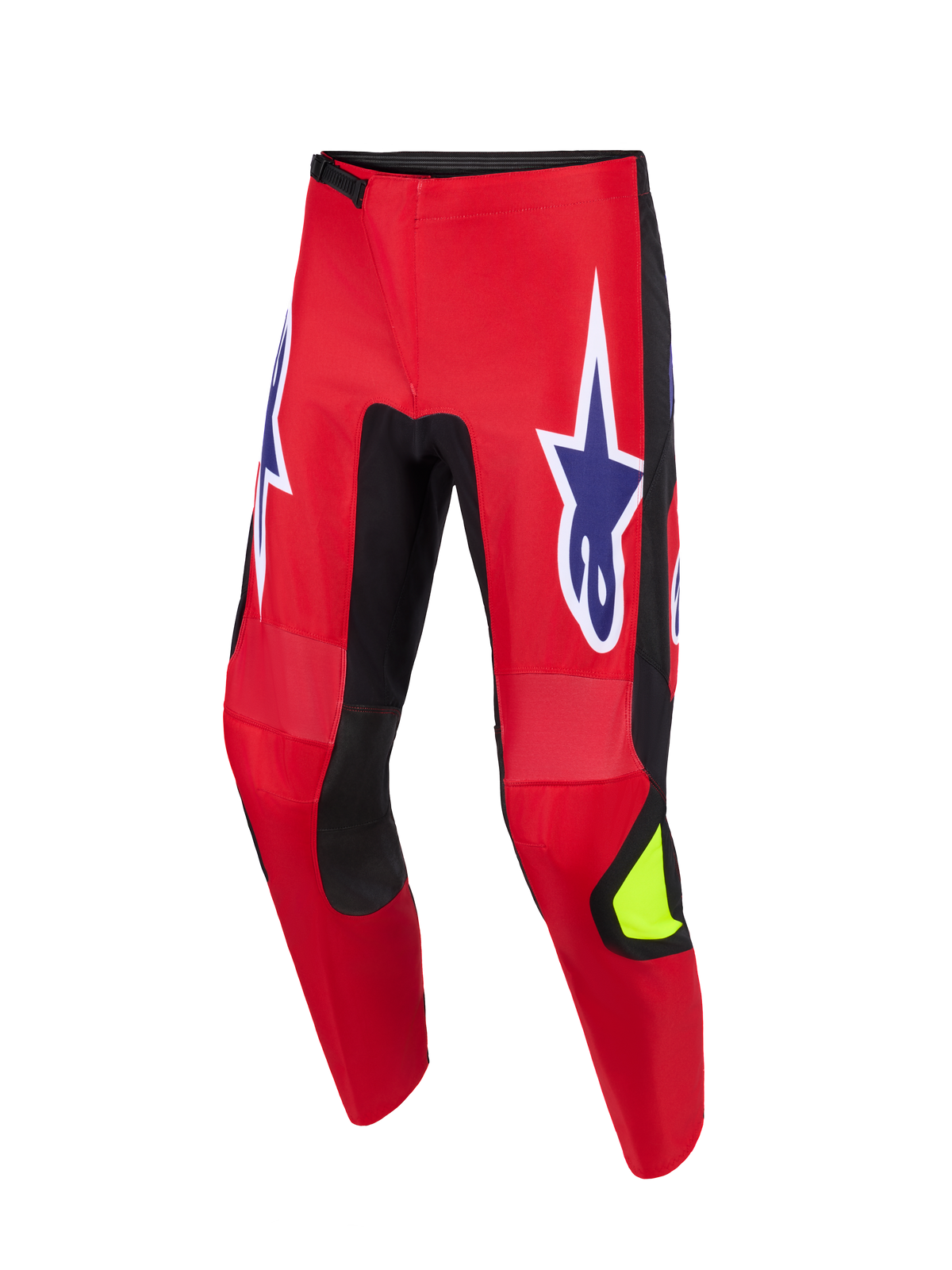 Alpinestars Pantaloni Fluid Grid 2026, pantaloni da motocross, rosso, nero e viola, grandi loghi a stella viola con profili bianchi sulle cosce, pannelli elasticizzati neri all'interno delle gambe, dettaglio giallo neon sullo stinco, struttura resistente per la guida fuoristrada