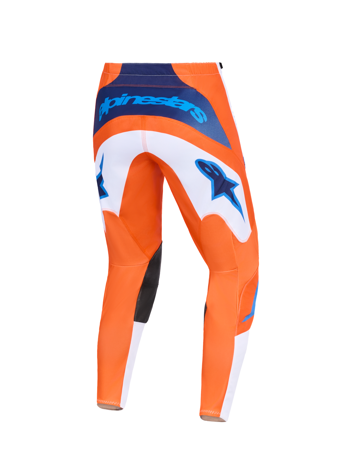 Alpinestars Pantaloni Fluid Grid 2026, pantaloni da motocross, arancione e blu UCLA, vista posteriore con pannelli bianchi e loghi a stella blu, marchio blu navy in vita e inserti neri all'interno del ginocchio, design resistente per corse fuoristrada