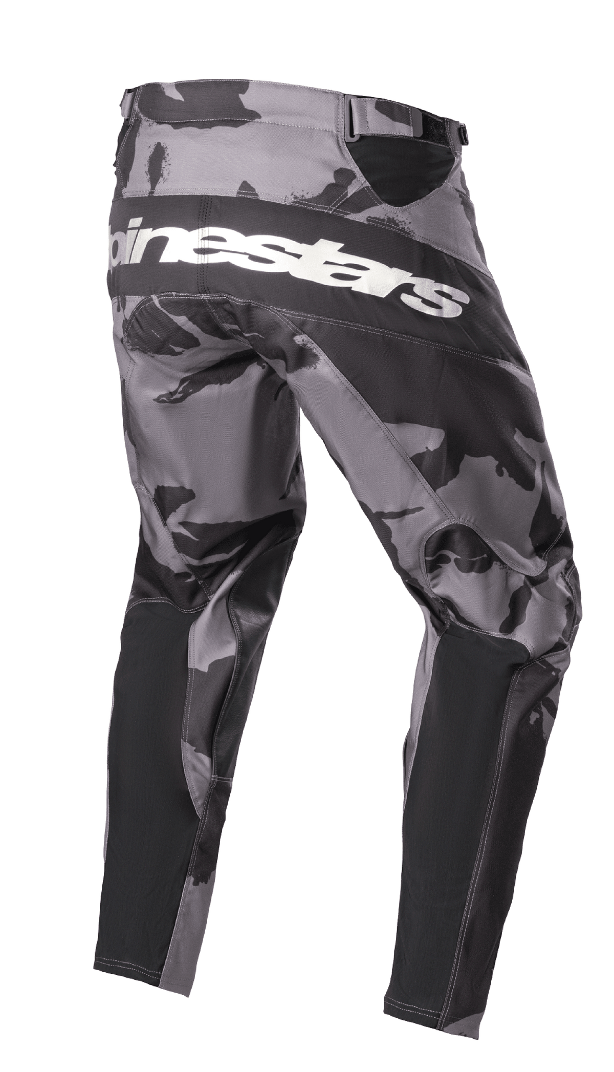Pantaloni Alpinestars Racer Tactical 2023, pantaloni da motocross, mimetico Iron Camo grigio e nero, vista posteriore con logo Alpinestars bianco sulla seduta, pannelli rinforzati neri e zone elasticizzate tecniche per la guida fuoristrada.