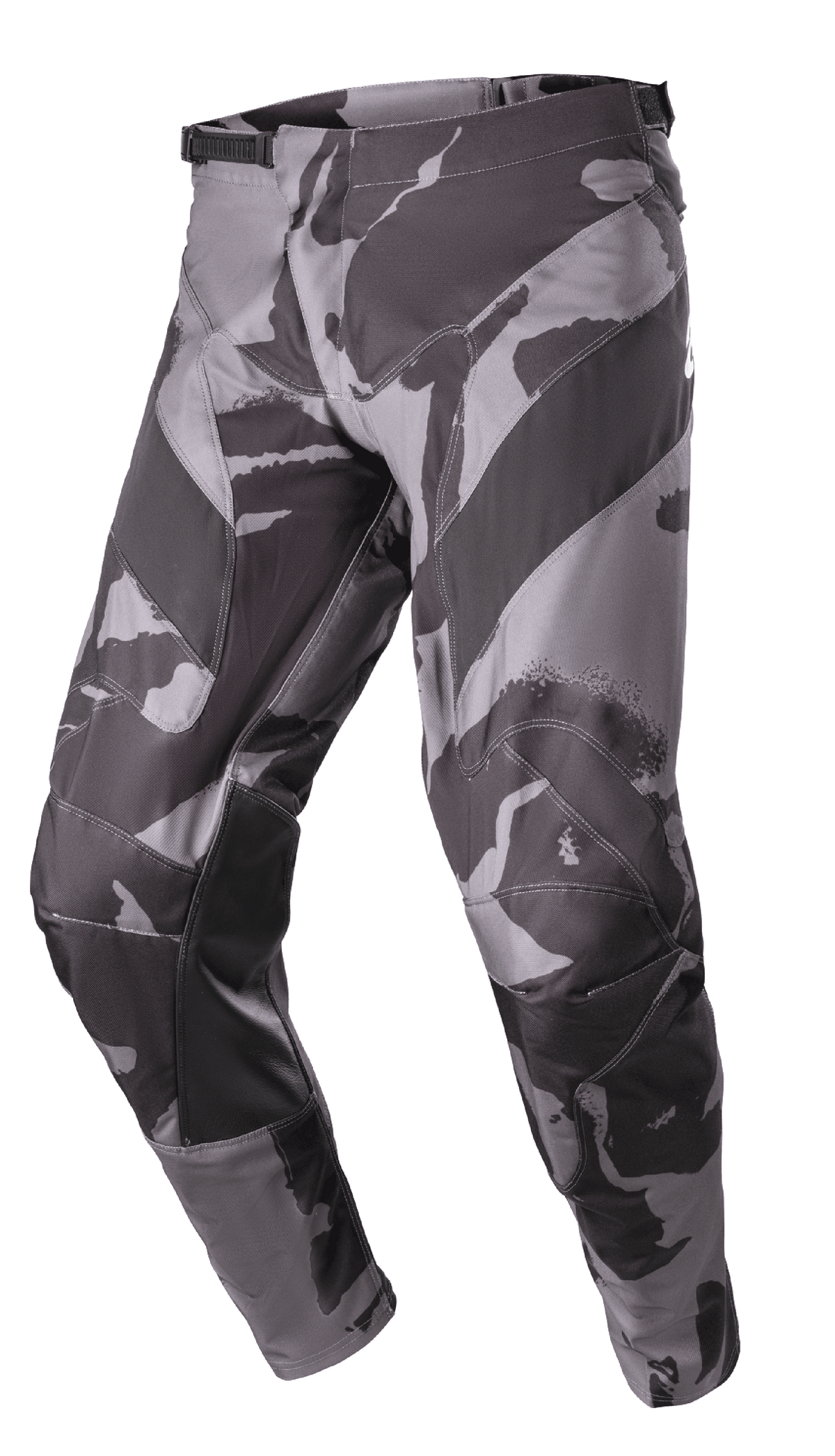 Alpinestars 2023 Racer Tactical Pants, pantaloni da motocross off-road, grigio Iron Camo e nero, con interno gamba rinforzato in pelle, chiusura a cricchetto in vita e struttura in resistente poli-tessuto 600D